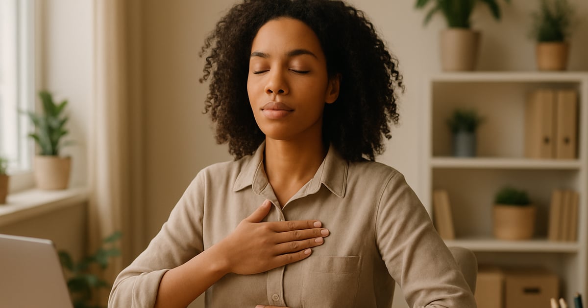Femme assise à son bureau, yeux fermés, pratiquant la respiration consciente pour gérer ses émotions au travail