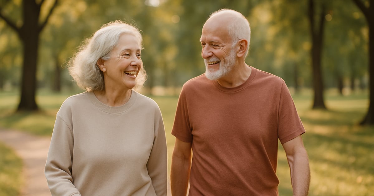 Deux personnes âgées, un homme et une femme, marchant ensemble dans un parc en souriant.