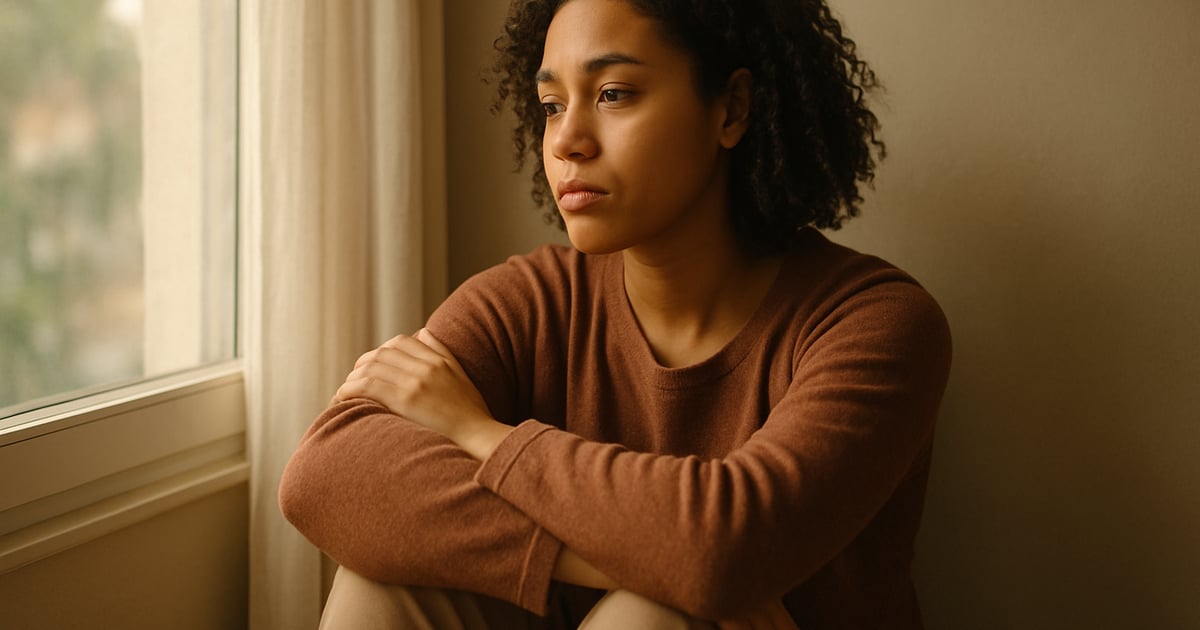 Femme pensive assise près d’une fenêtre, lumière douce, ambiance introspective