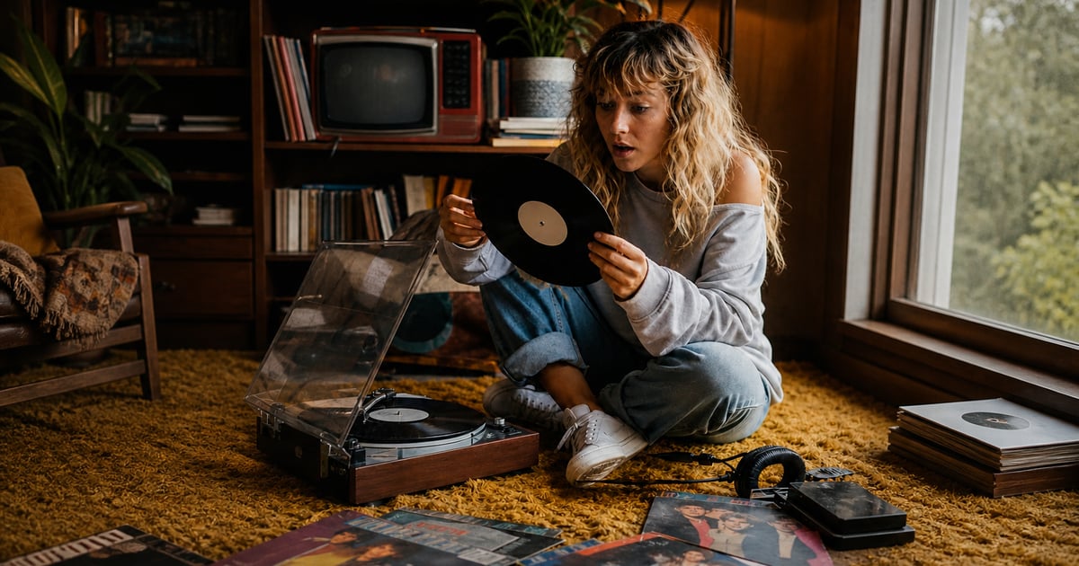 Colorful vinyl records and retro album covers on a wooden table