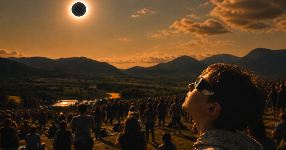 Soleil voilé par la Lune, lumière dorée sur un paysage tranquille