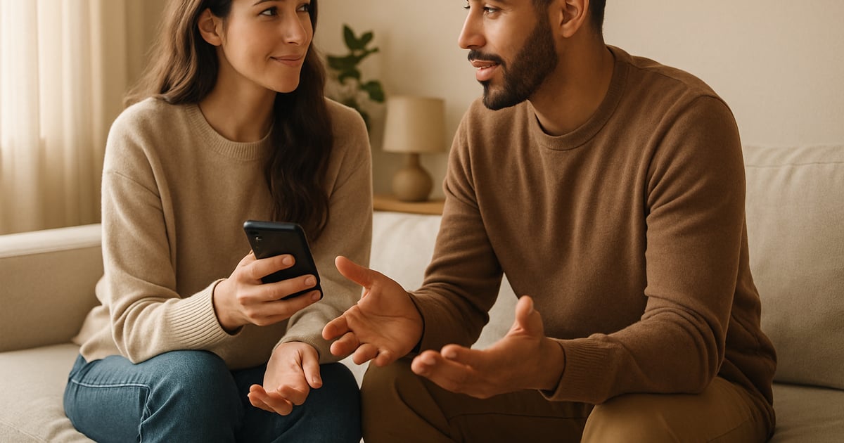 Deux personnes discutant paisiblement, téléphone à la main, dans une atmosphère sereine