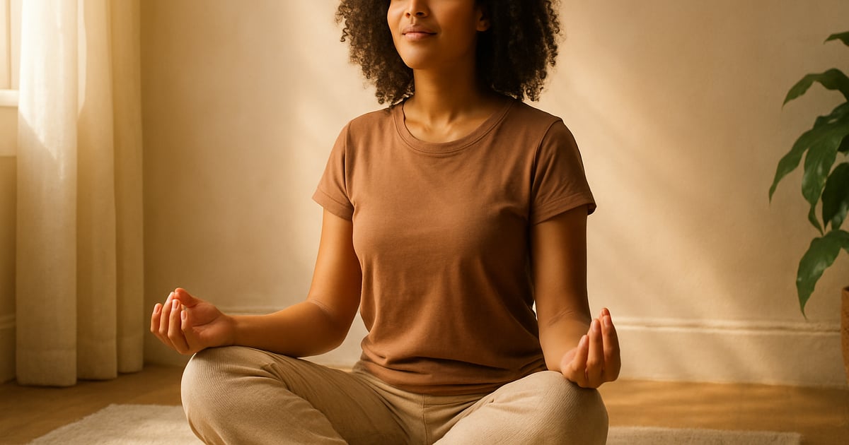 Femme assise en méditation, sereine, entourée de lumière douce, symbole de confiance en soi