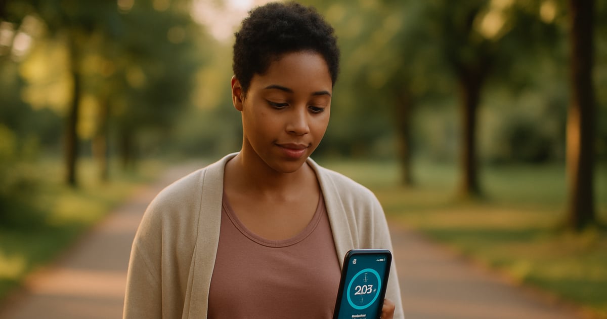 Une personne regarde son smartphone en marchant, application de pas affichée à l’écran