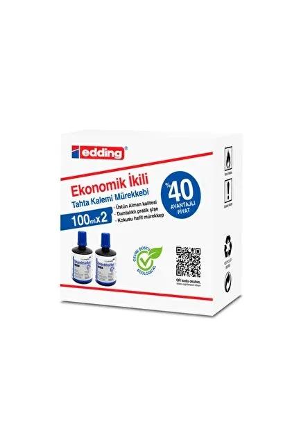 EDDİNG 100 ML X 2 EKONOMİK İKİLİ BEYAZ TAHTA MÜREKKEBİ - MAVİ