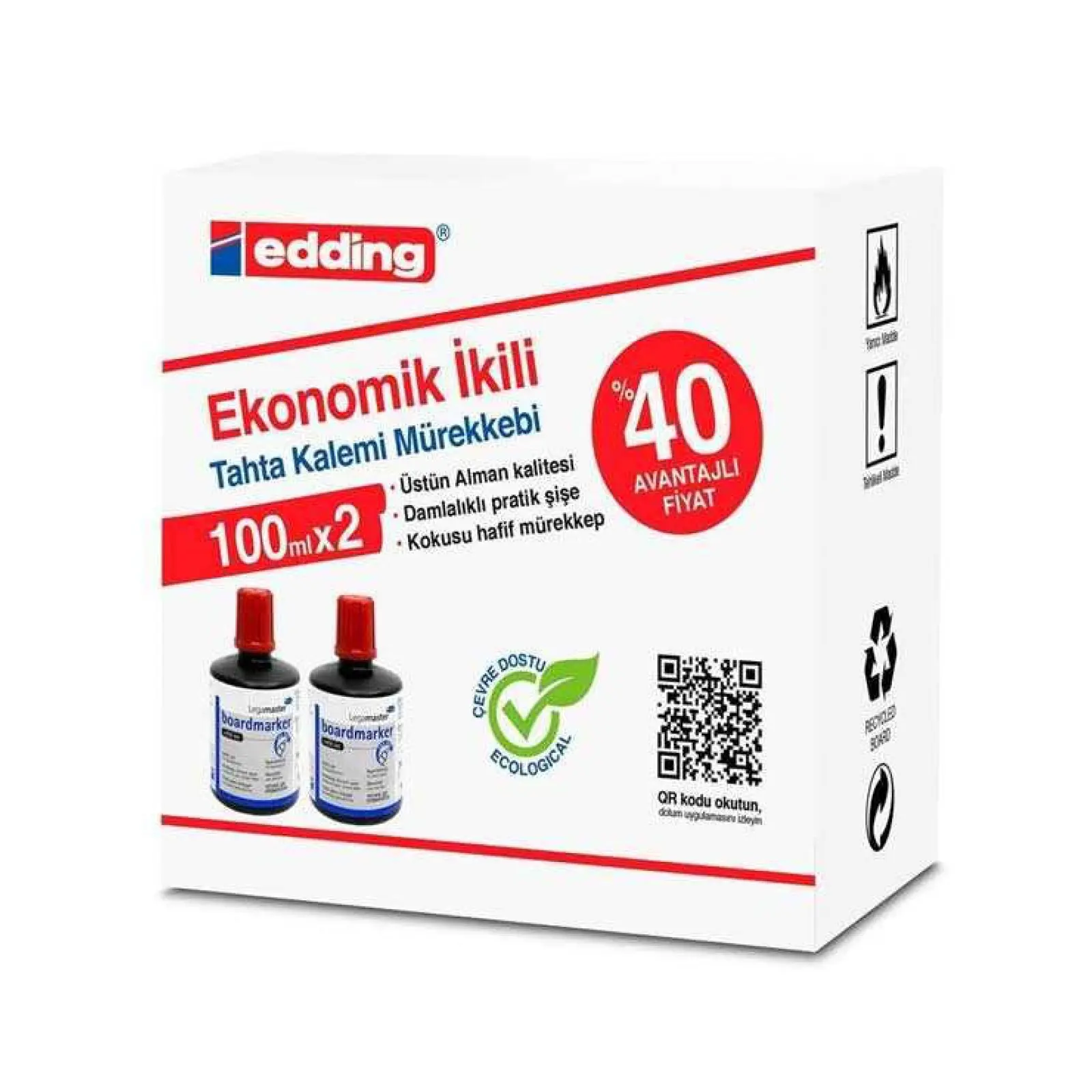 EDDİNG 100 ML X 2 EKONOMİK İKİLİ BEYAZ TAHTA MÜREKKEBİ - KIRMIZI