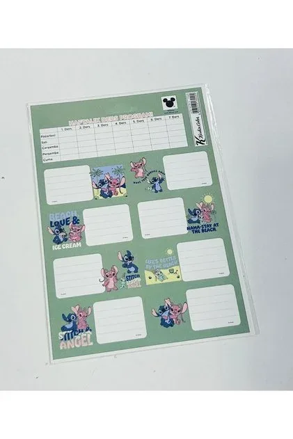 Stitch Ders Programlı Okul Etiketi Yeşil Objeli