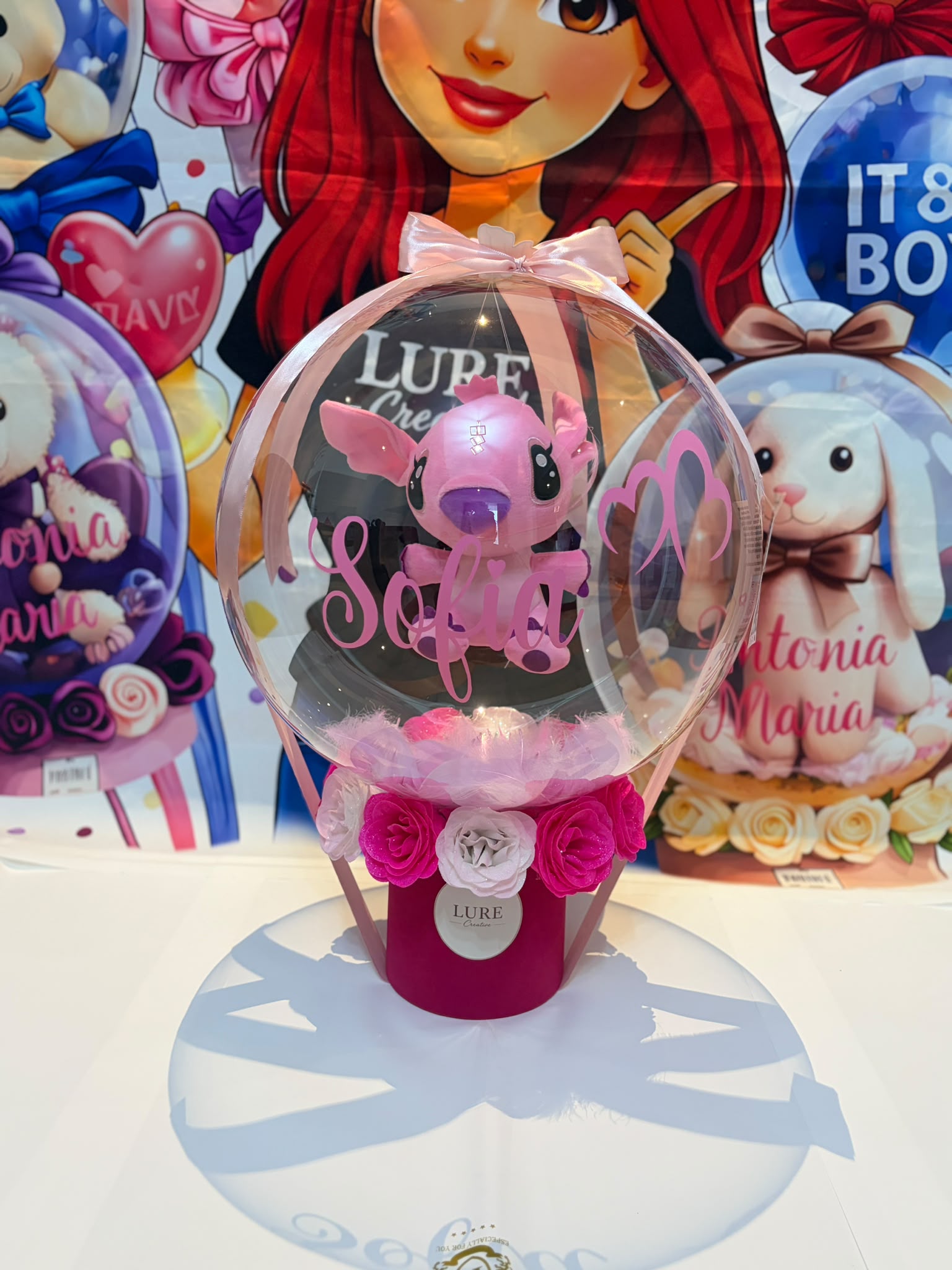 BoBo balon transparent personalizat Sofia cu plus roz si trandafiri