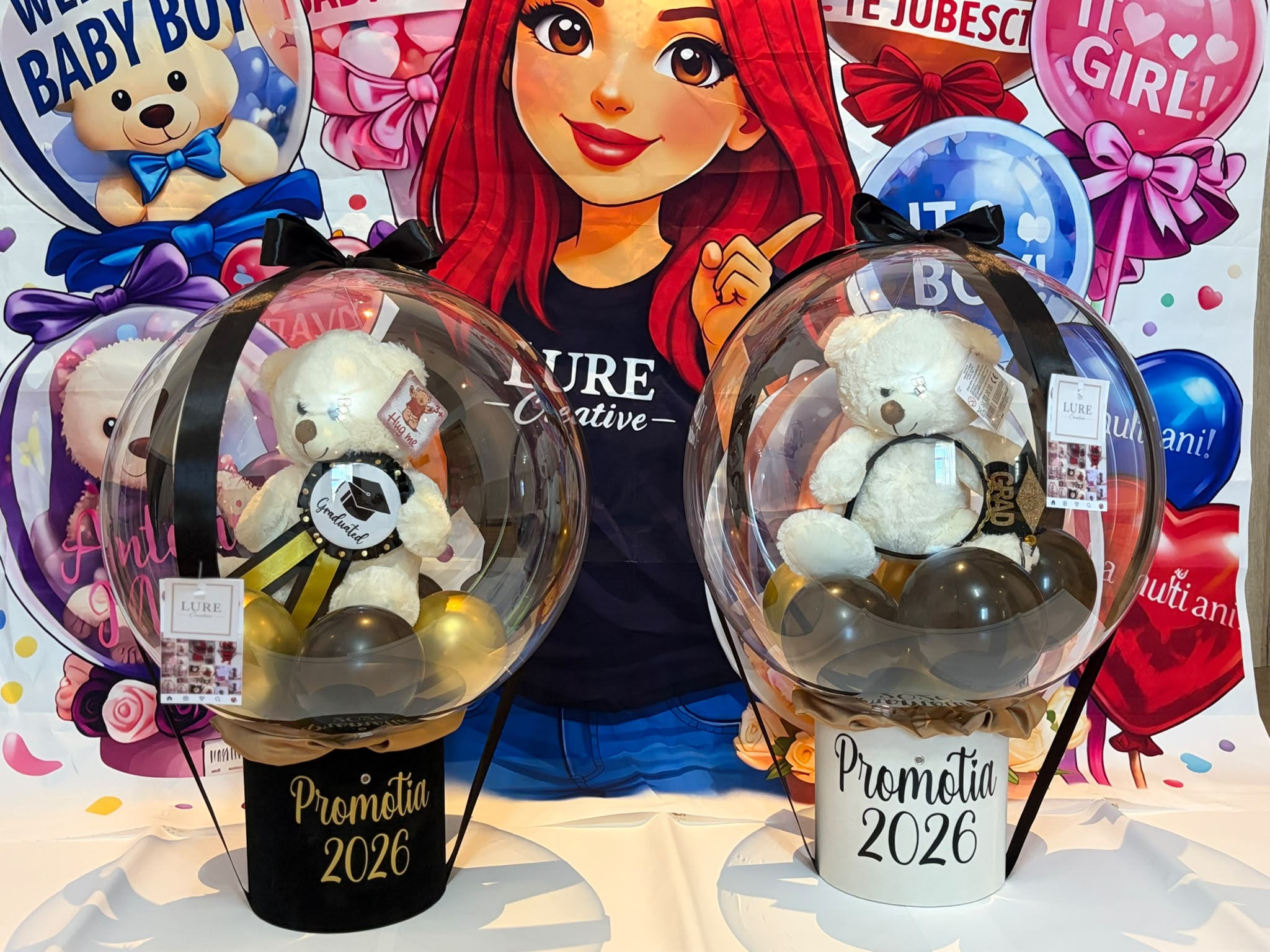 BoBo balon transparent cu ursulet de plus de absolvire si baloane negre si aurii