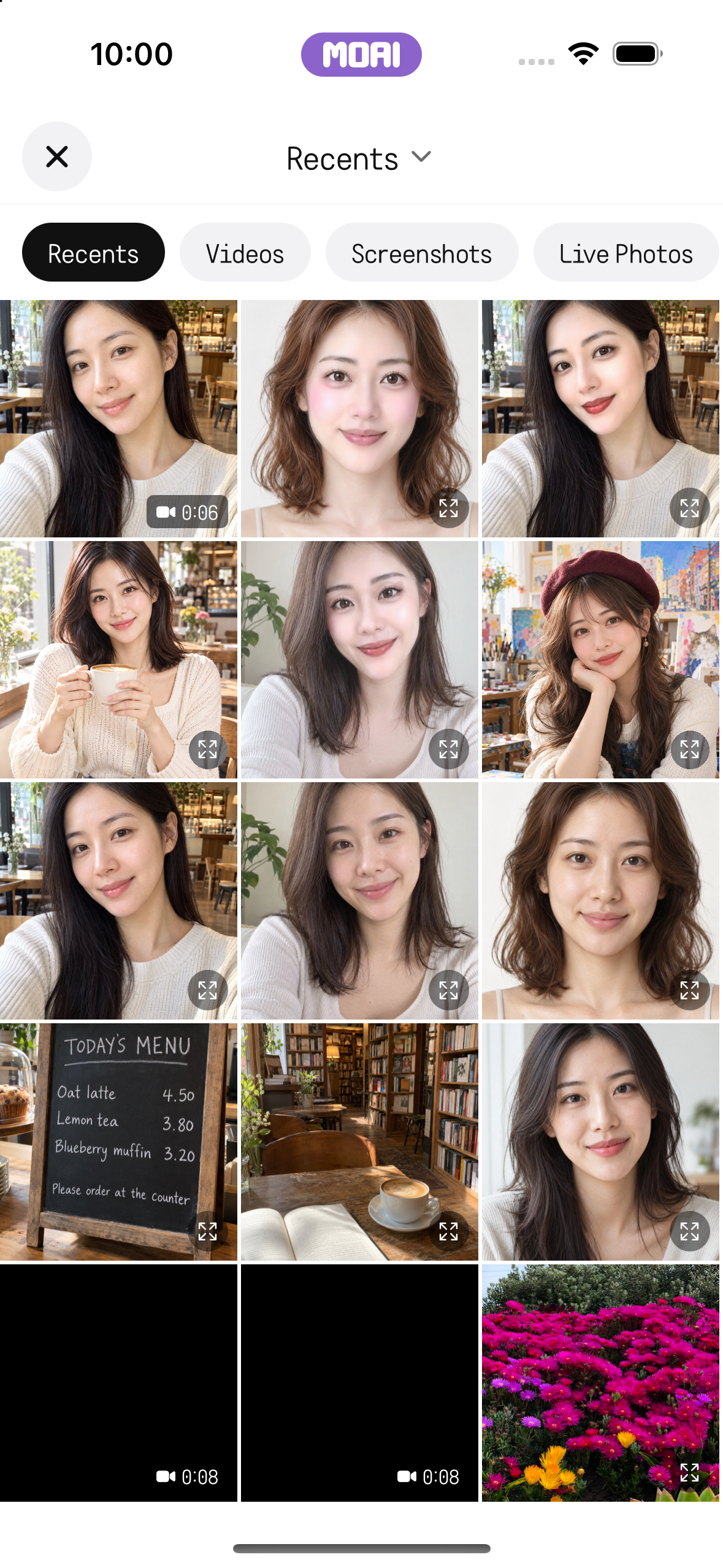 Výběr alba MOAI otevřený z fotoaparátu Beauty s ukázkovými fotografiemi fiktivních dospělých a ukázkovým klipem. Zobrazen ukázkový obsah.