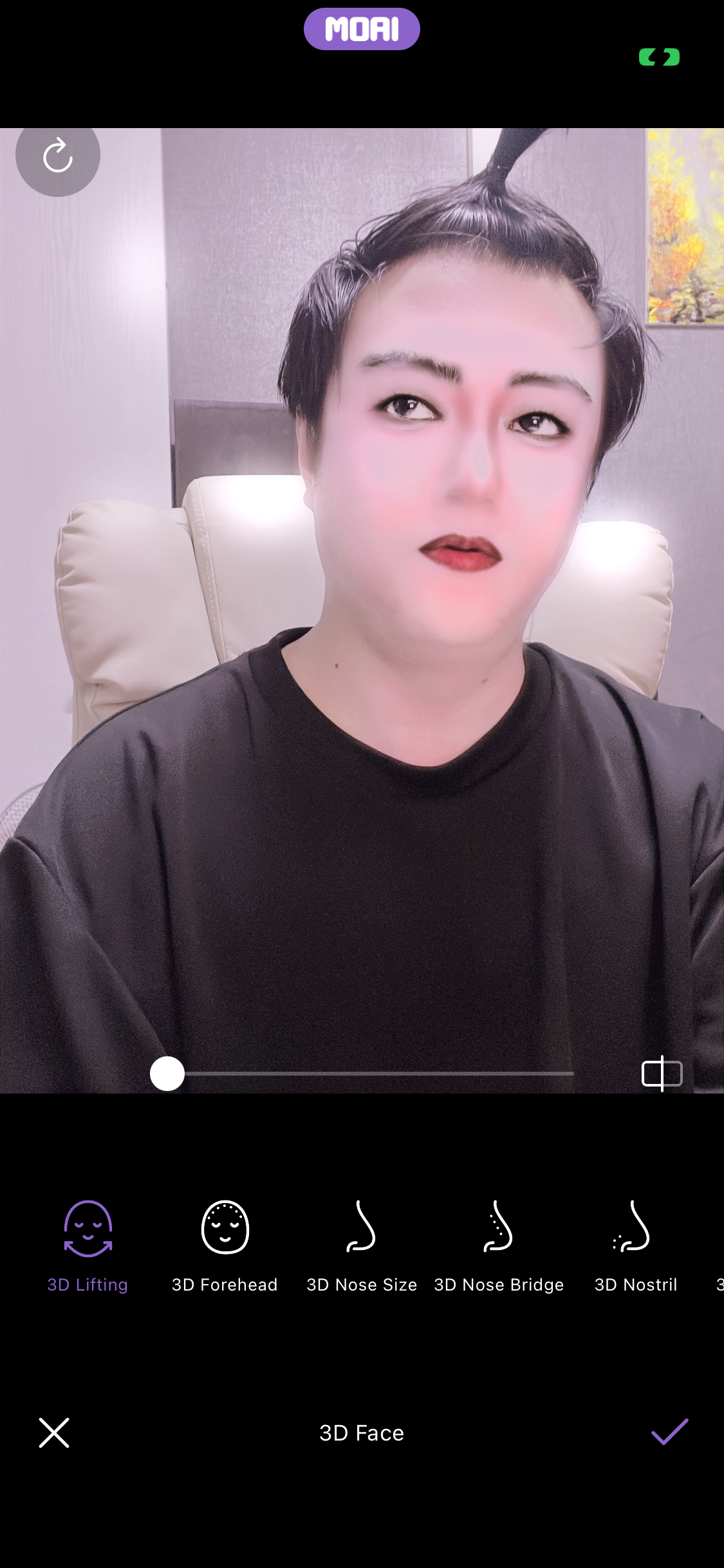 상세 편집기의 3D Face 패널에 앨범 사진이 열려 있고, 슬라이더와 함께 3D Lifting, 3D Forehead, 3D Nose Size, 3D Nose Bridge, 3D Nostril이(가) 보입니다.