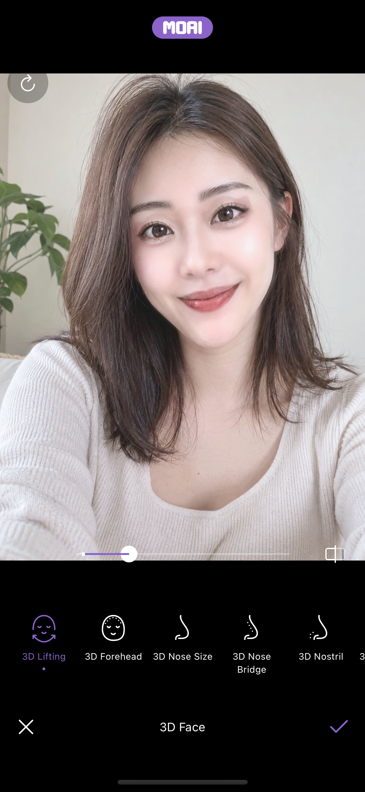Fotografie z alba v podrobném editoru na panelu 3D Face, zobrazující 3D Lifting, 3D Forehead, 3D Nose Size, 3D Nose Bridge a 3D Nostril s posuvníkem. Fiktivní model.