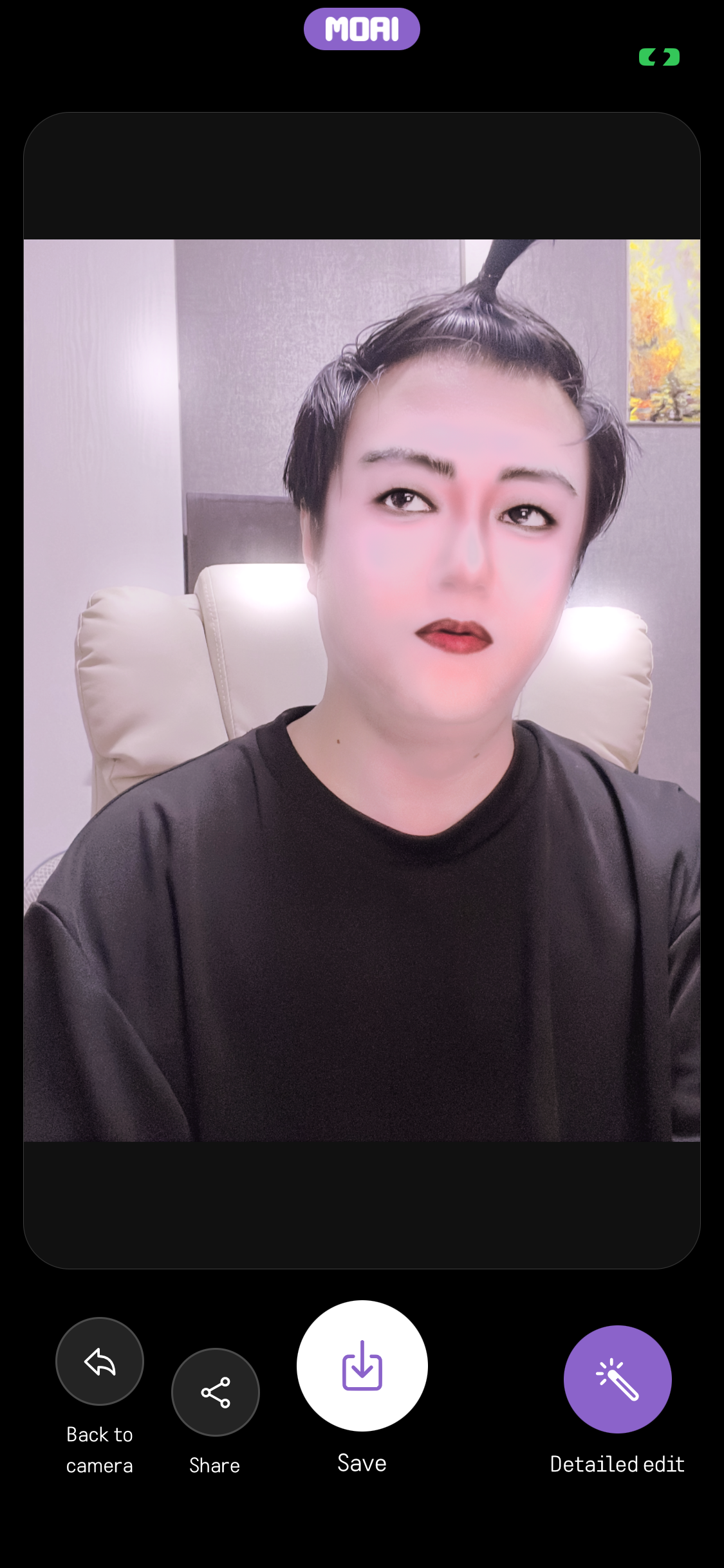 편집 후 Back to camera, Share, Save, Detailed edit 버튼이 있는 앨범 사진 결과 화면입니다.