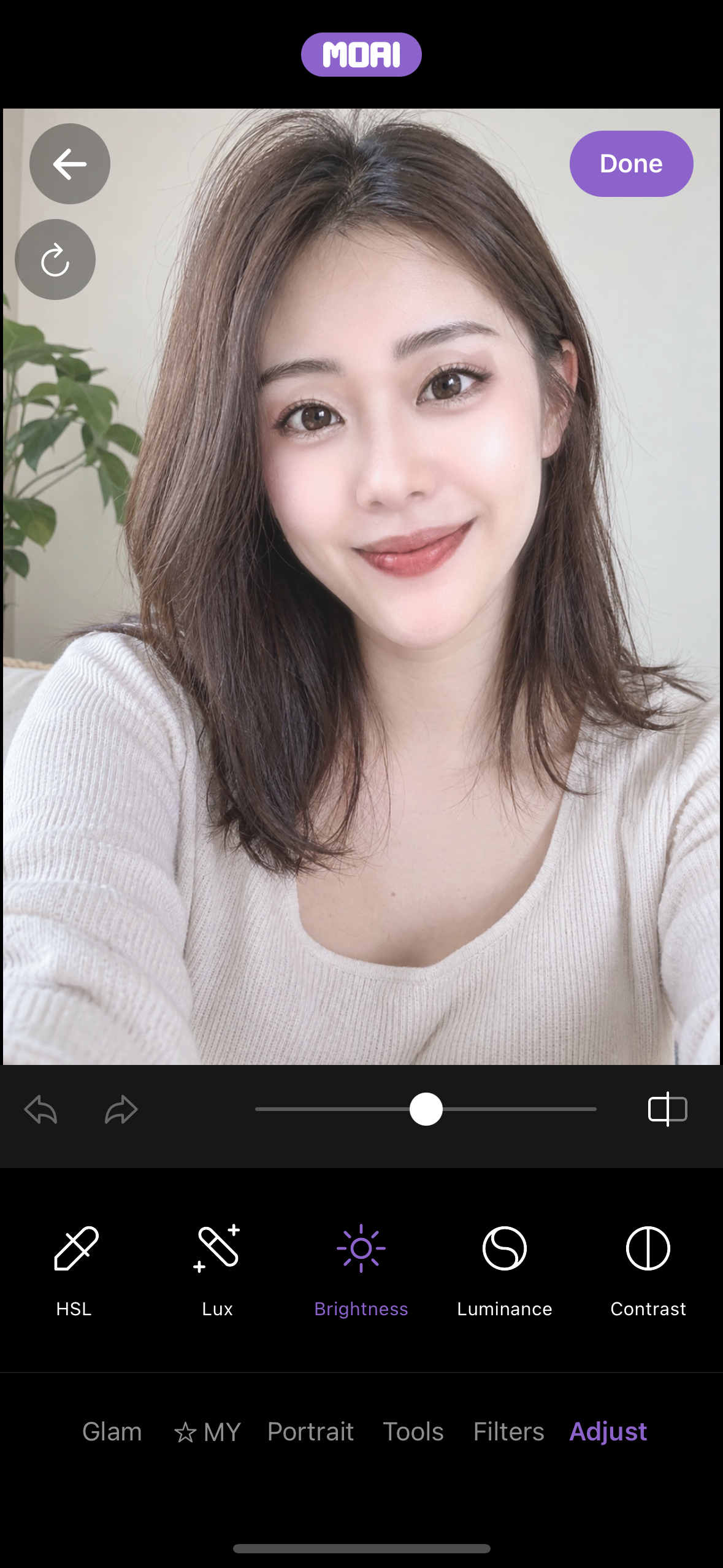 Obrazovka Detailed edit na kartě Adjust, zobrazující nástroje HSL, Lux, Brightness, Luminance a Contrast s posuvníkem a tlačítky zpět a znovu.