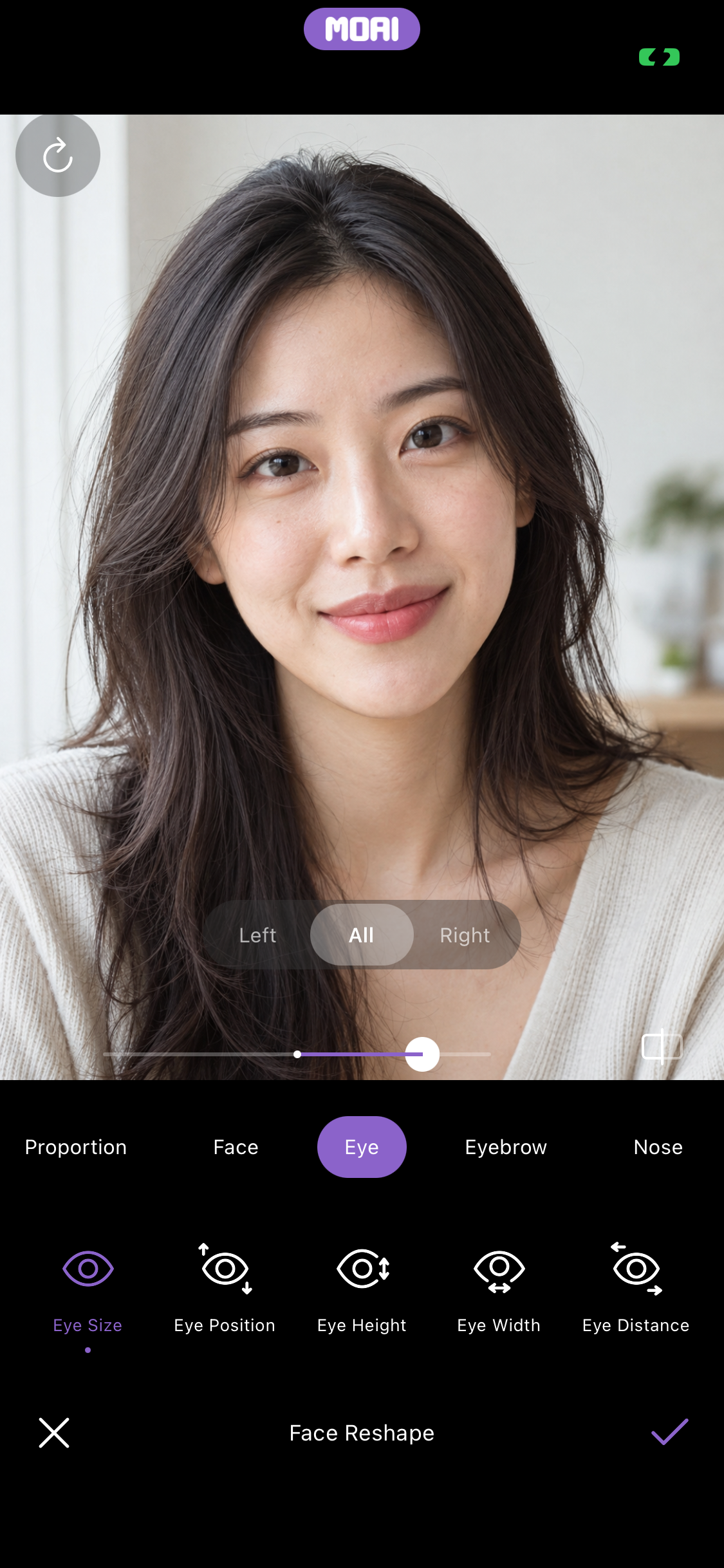 Proportion, Face, Eye, Eyebrow, Nose 그룹이 있는 Face Reshape. Eye Size를 양쪽 눈 또는 각각 조정합니다. 가상의 모델입니다.