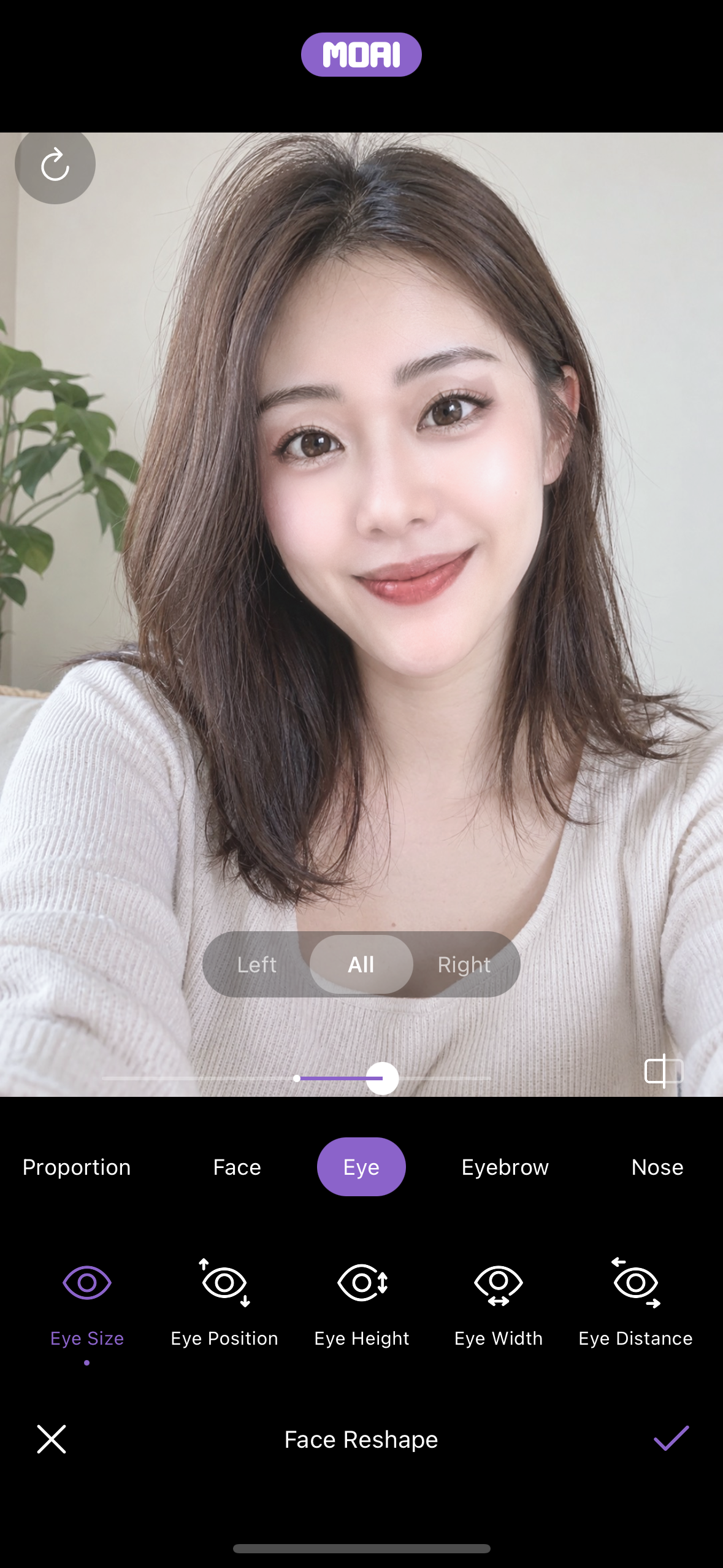 Face Reshape se skupinami Proportion, Face, Eye, Eyebrow a Nose; Eye Size upravená pro obě oči nebo pro každé zvlášť. Fiktivní modelka.