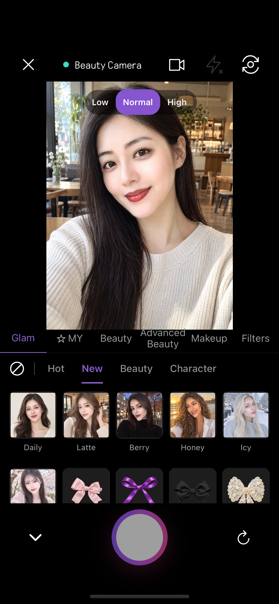 Živý fotoaparát krásy s kartou Glam v kategorii New, zobrazující vzhledy jako Latte, Berry, Honey a Icy.
