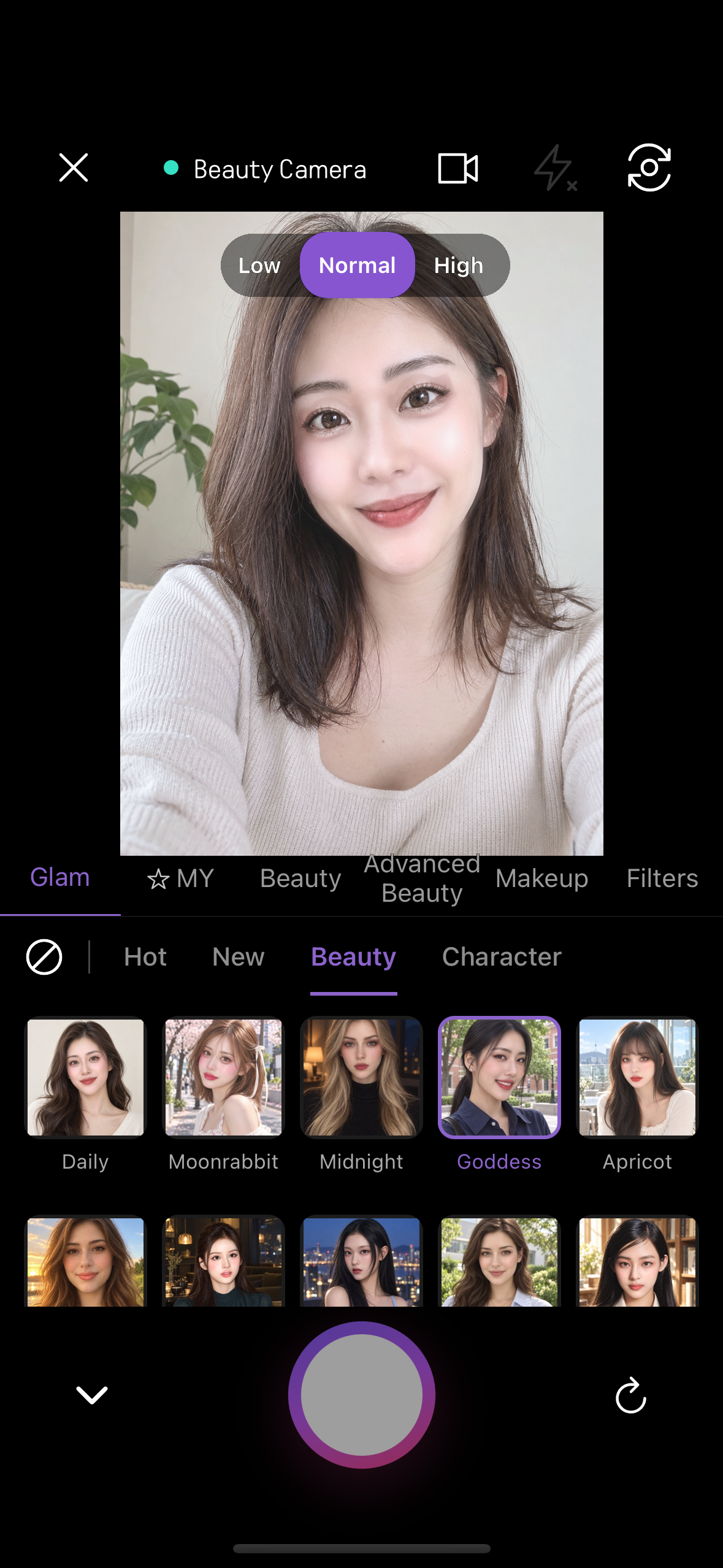Živý fotoaparát krásy na kartě Glam s vybraným a zvýrazněným vzhledem Goddess.