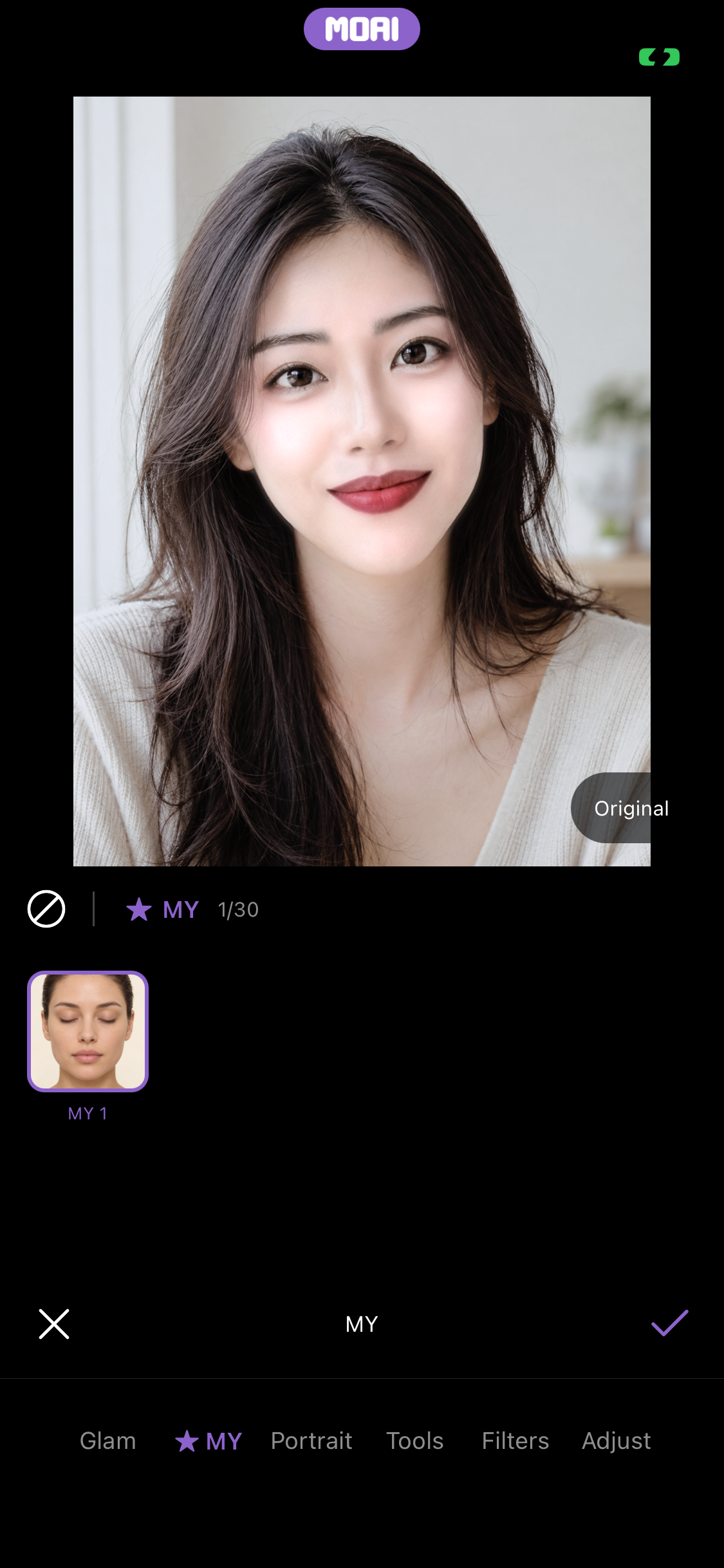 저장해 둔 MY 조합을 가상 모델의 앨범 사진에 한 번에 적용하는 화면.