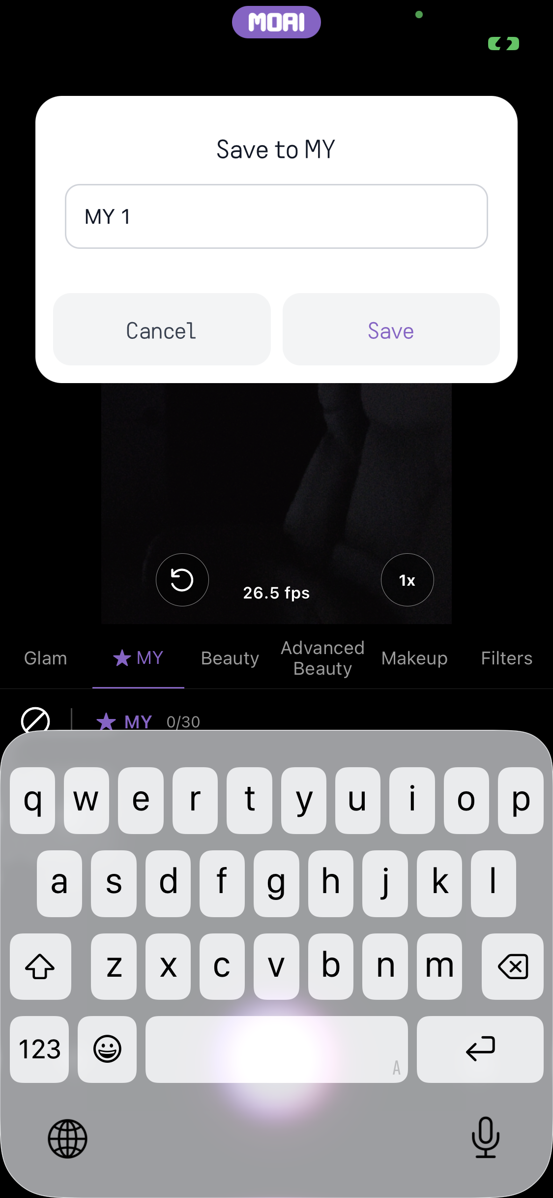 이름 MY 1이 입력되고 키보드 위에 Cancel, Save 버튼이 있는 Save to MY 대화상자입니다.
