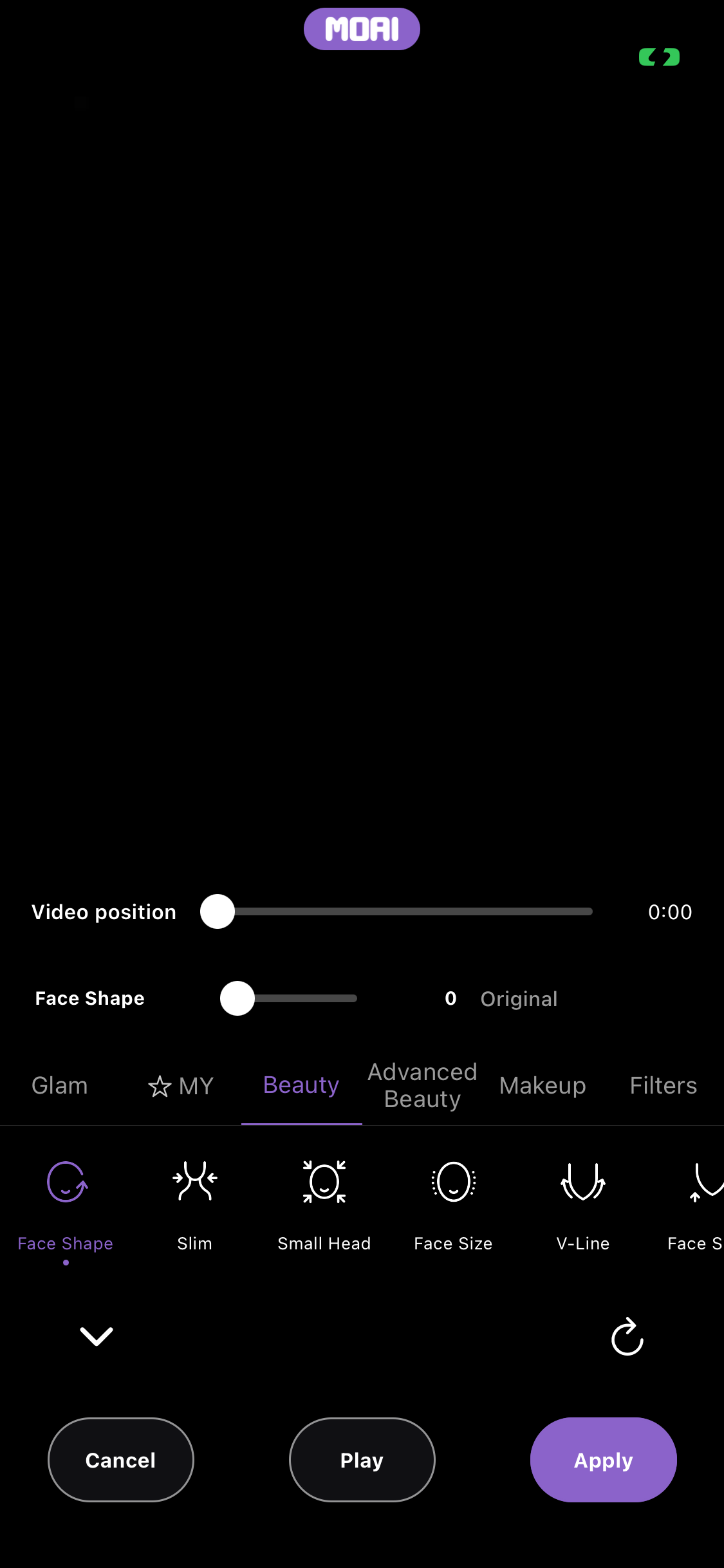 Beauty 탭의 동영상 뷰티 편집기로, Video position 슬라이더와 Face Shape 슬라이더, Cancel, Play, Apply 버튼이 보입니다.