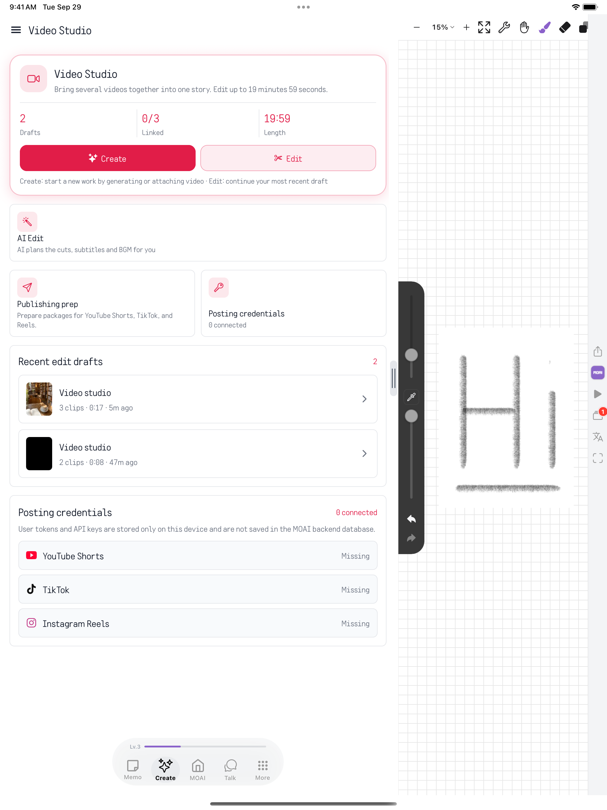 iPad의 Video Studio 홈: Create와 Edit 버튼, AI Edit, 게시 준비, 게시 인증 정보, 최근 편집 초안이 MOAI Pencil 옆에 있습니다. 샘플 콘텐츠 표시.