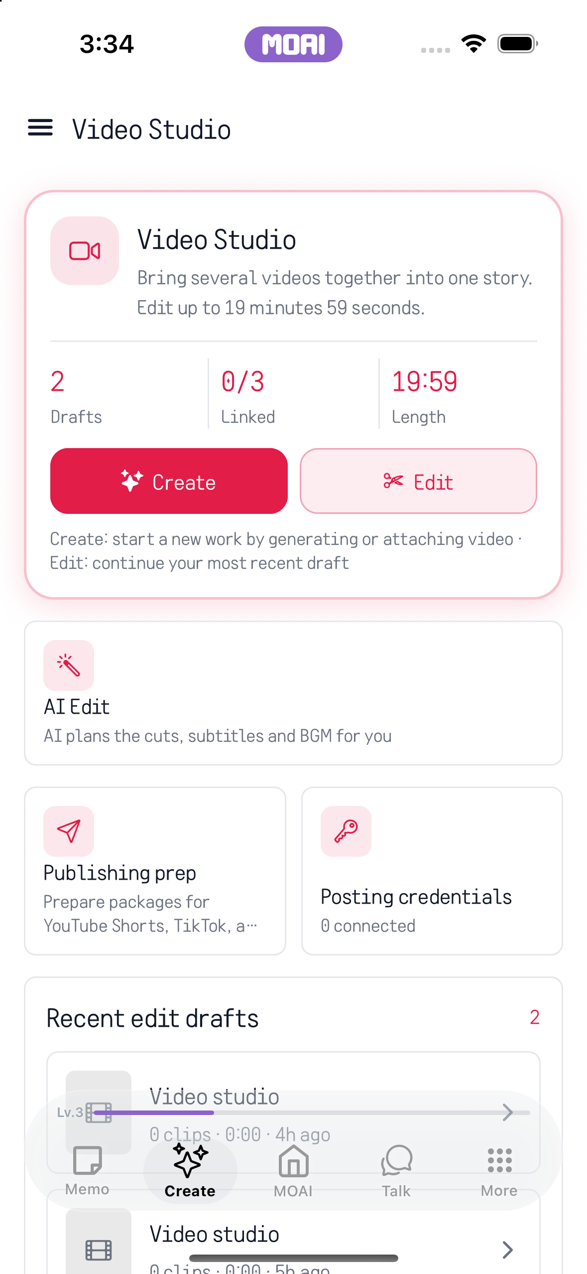 Create와 Edit 버튼, AI Edit, 게시 준비, 최근 편집 초안이 있는 Video Studio 홈. 샘플 콘텐츠입니다.