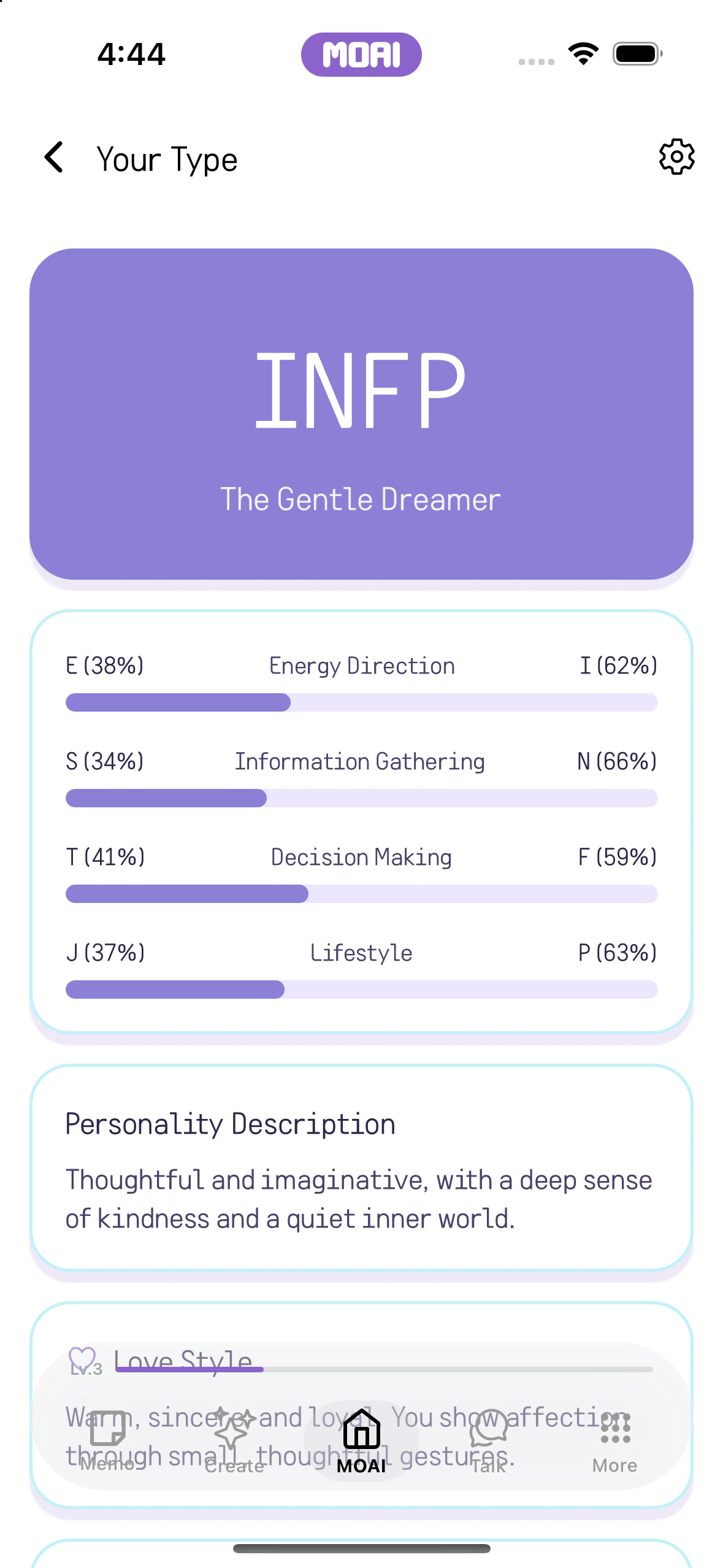 INFP 유형, 네 가지 차원 막대, 성격 설명이 표시된 샘플 MBTI 연애 결과. 예시 결과입니다. 재미로만 보세요.
