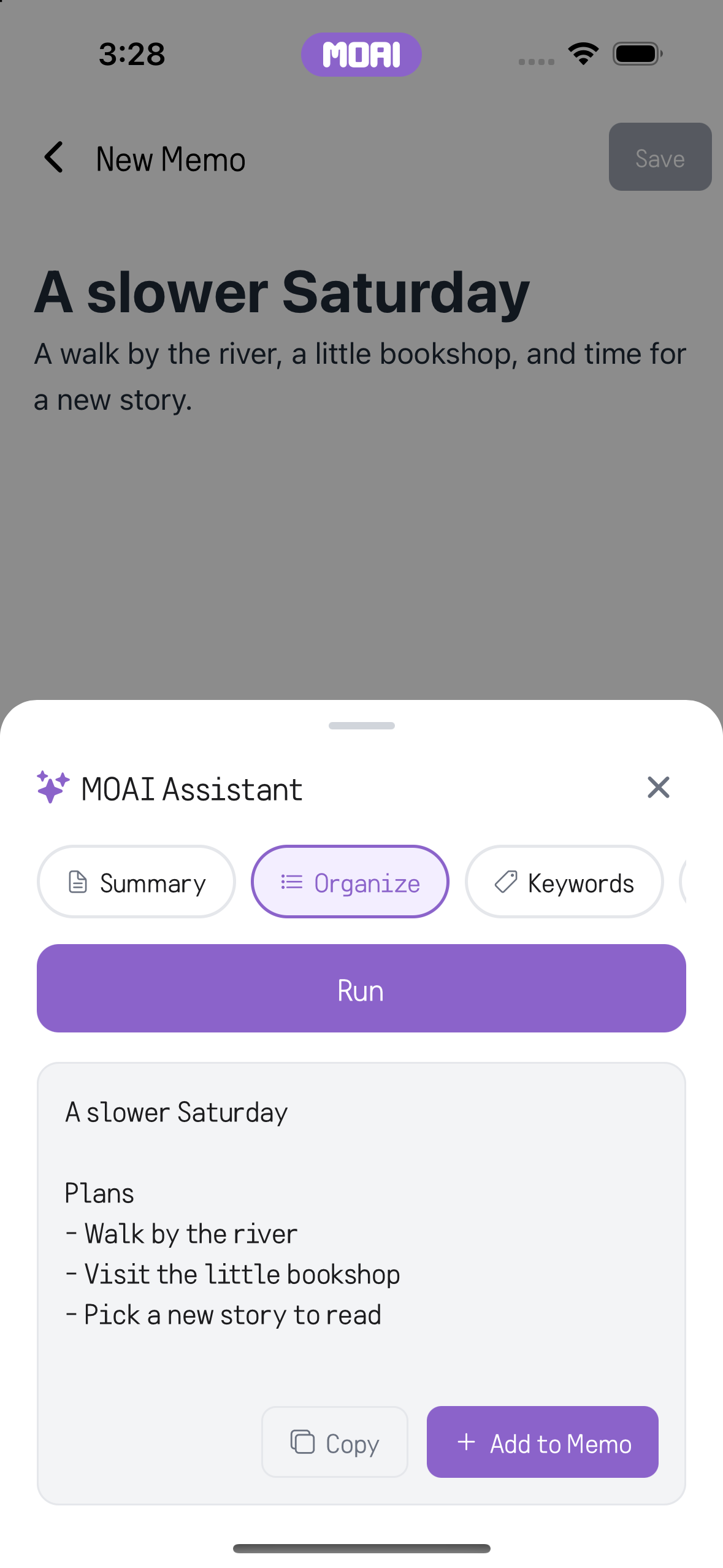 정리된 메모를 짧은 계획 목록으로 보여 주는 MOAI Assistant. Copy와 Add to Memo 버튼이 있습니다. 예시 결과입니다.