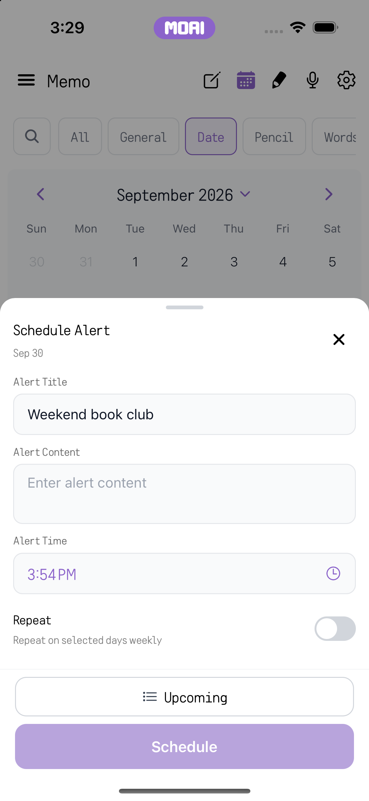 선택한 날짜에 대해 제목, 알림 시간, 반복 옵션이 있는 메모 캘린더의 Schedule Alert 시트. 샘플 콘텐츠입니다.
