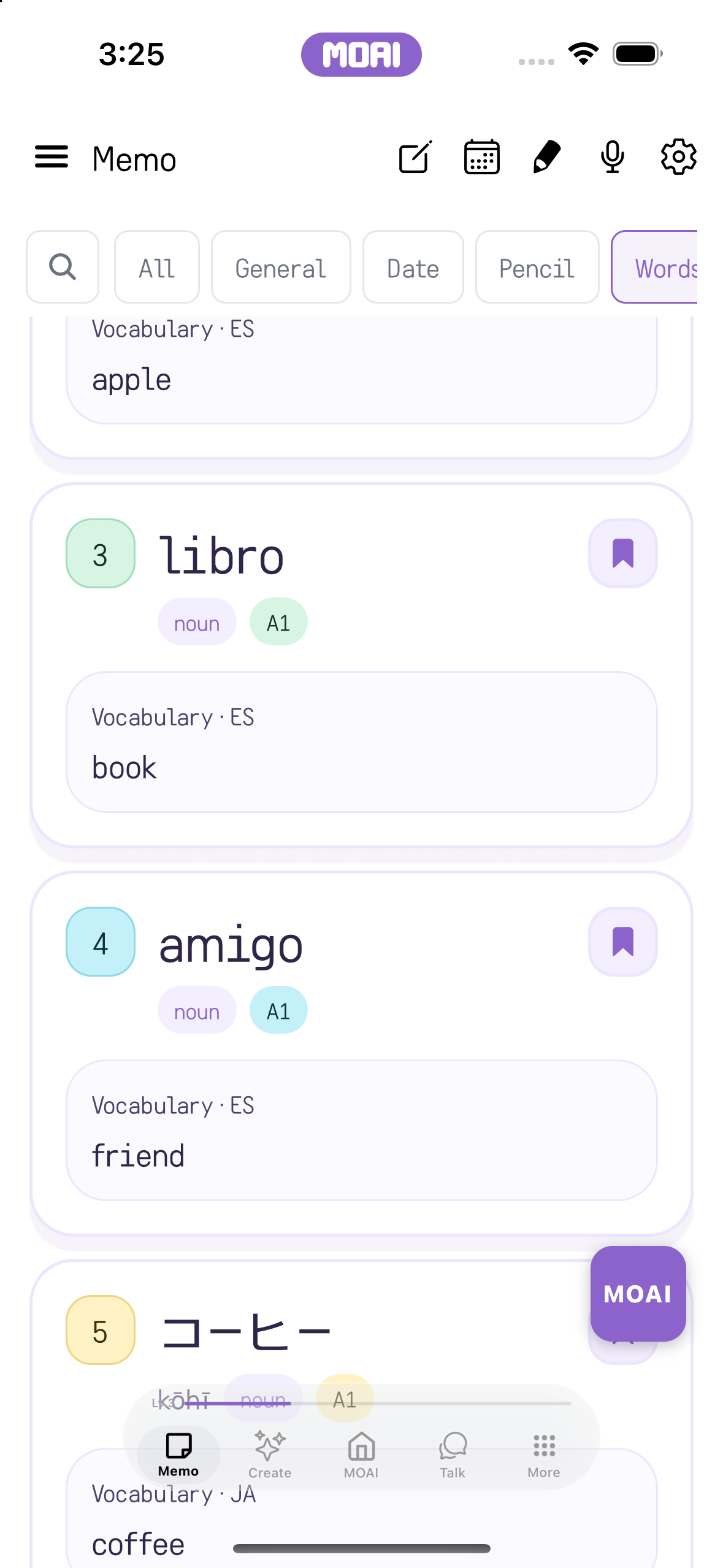 북마크한 스페인어·일본어 단어와 뜻이 보이도록 스크롤한 Memo Words 목록. 샘플 콘텐츠입니다.
