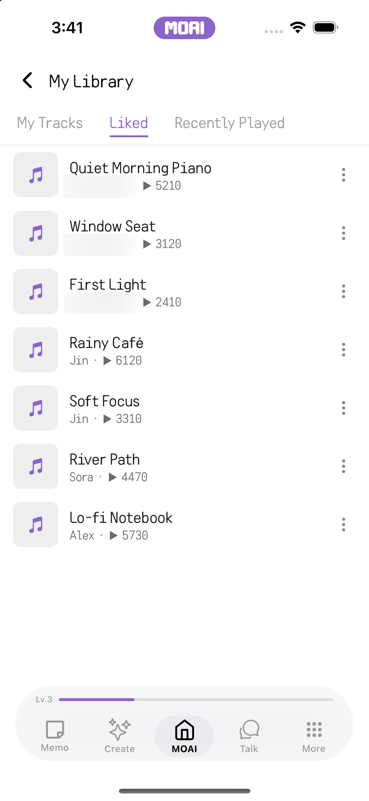 청취자가 좋아요한 트랙이 나열된 My Library의 Liked 탭. 샘플 콘텐츠입니다.