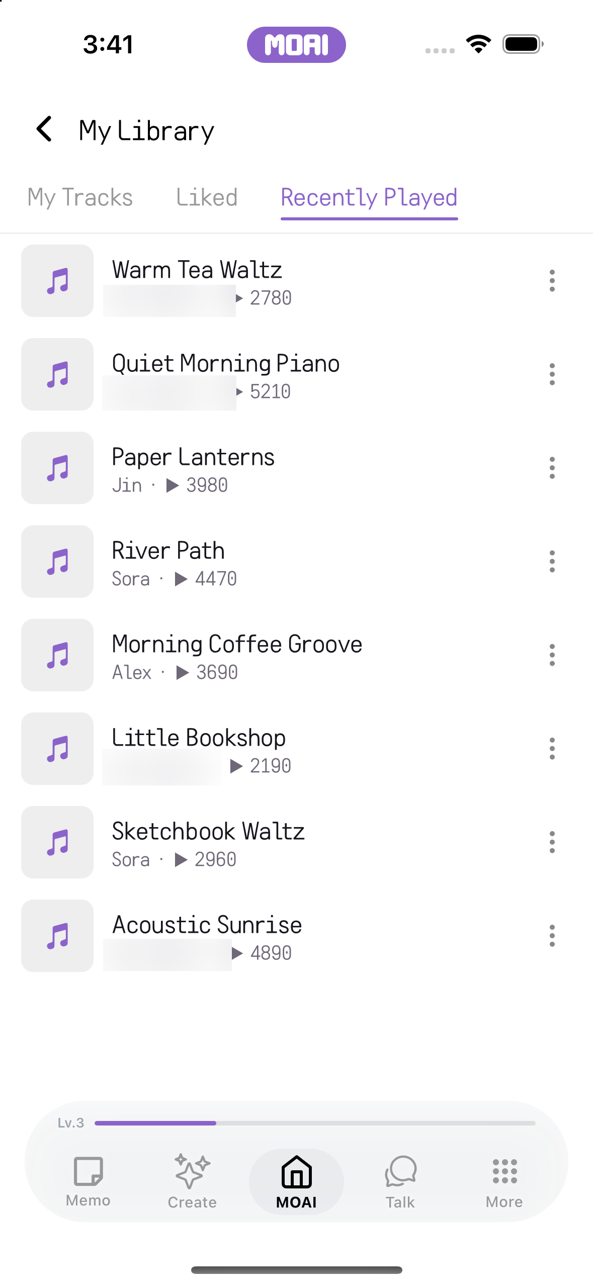 최근 재생한 트랙이 나열된 My Library의 Recently Played 탭. 샘플 콘텐츠입니다.