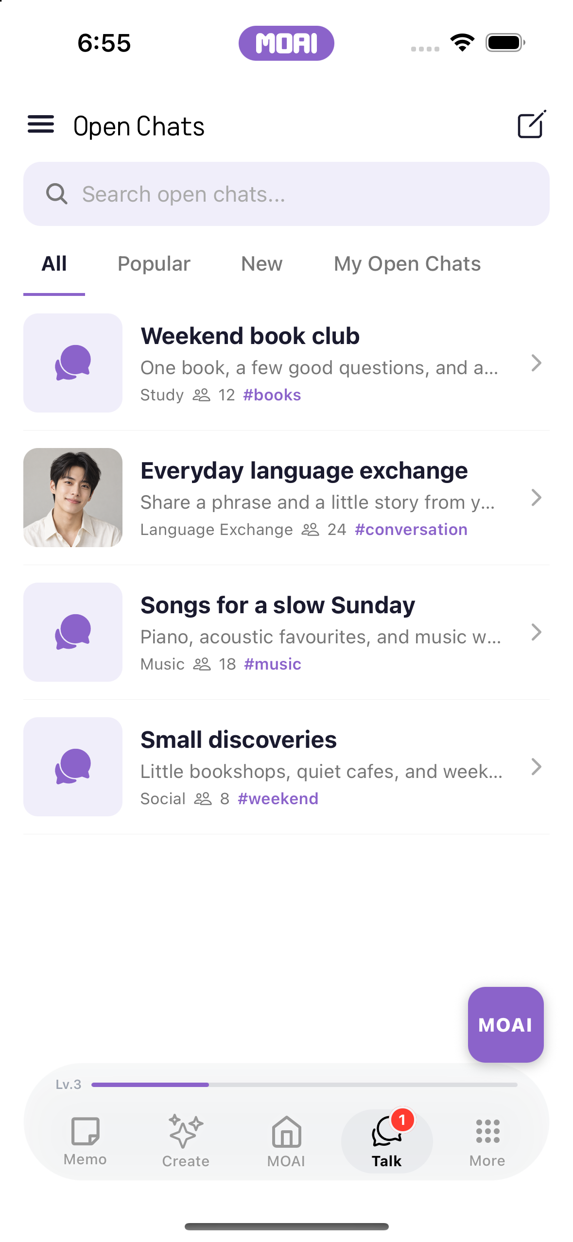 주제별로 Open Chats를 살펴보는 화면. 샘플 커뮤니티와 생성된 프로필 이미지가 표시되어 있습니다.