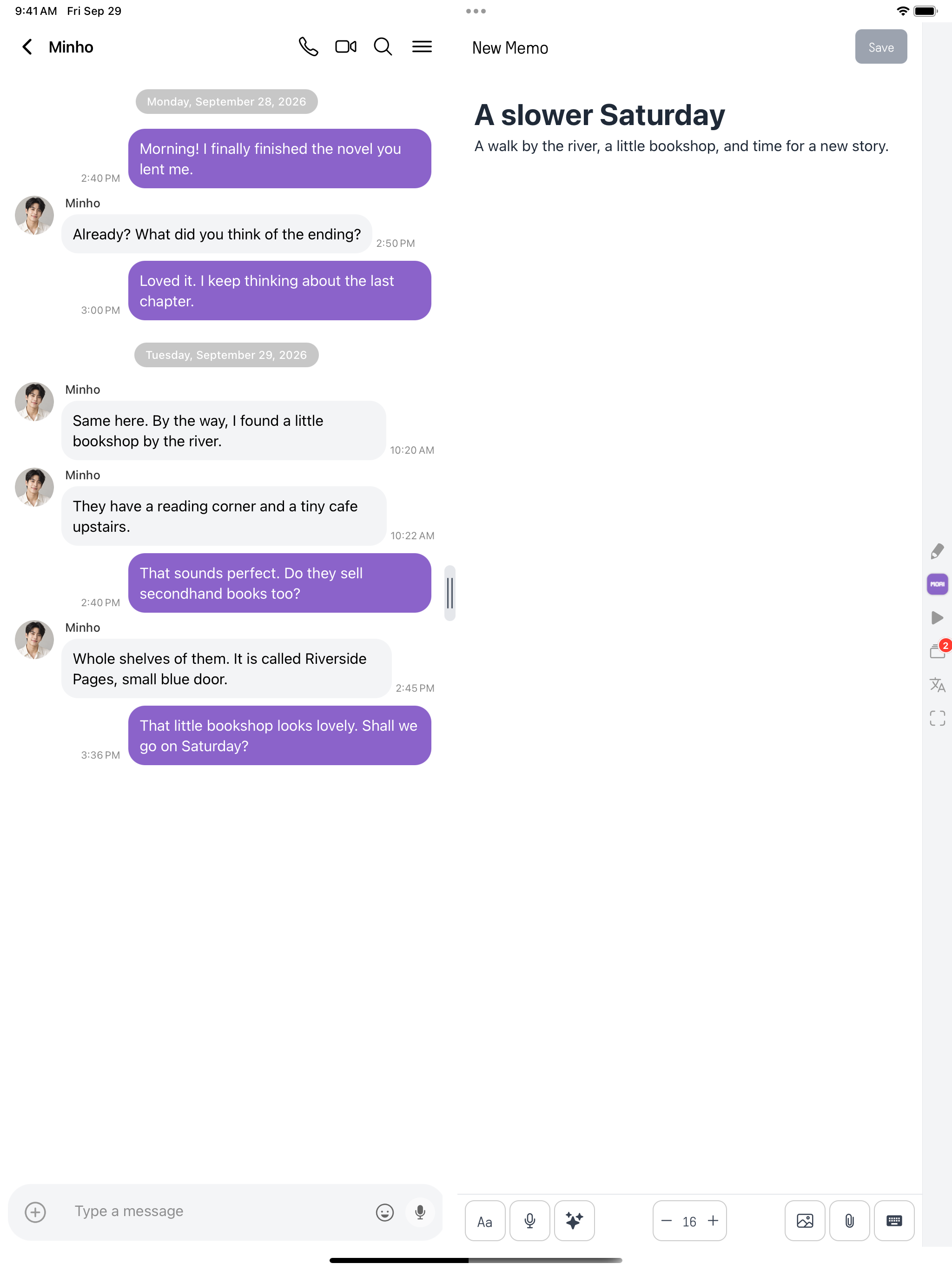 iPad의 Talk 채팅. 노트 창 옆 채팅 창에 Minho와의 샘플 대화가 열려 있습니다. 샘플 대화입니다.