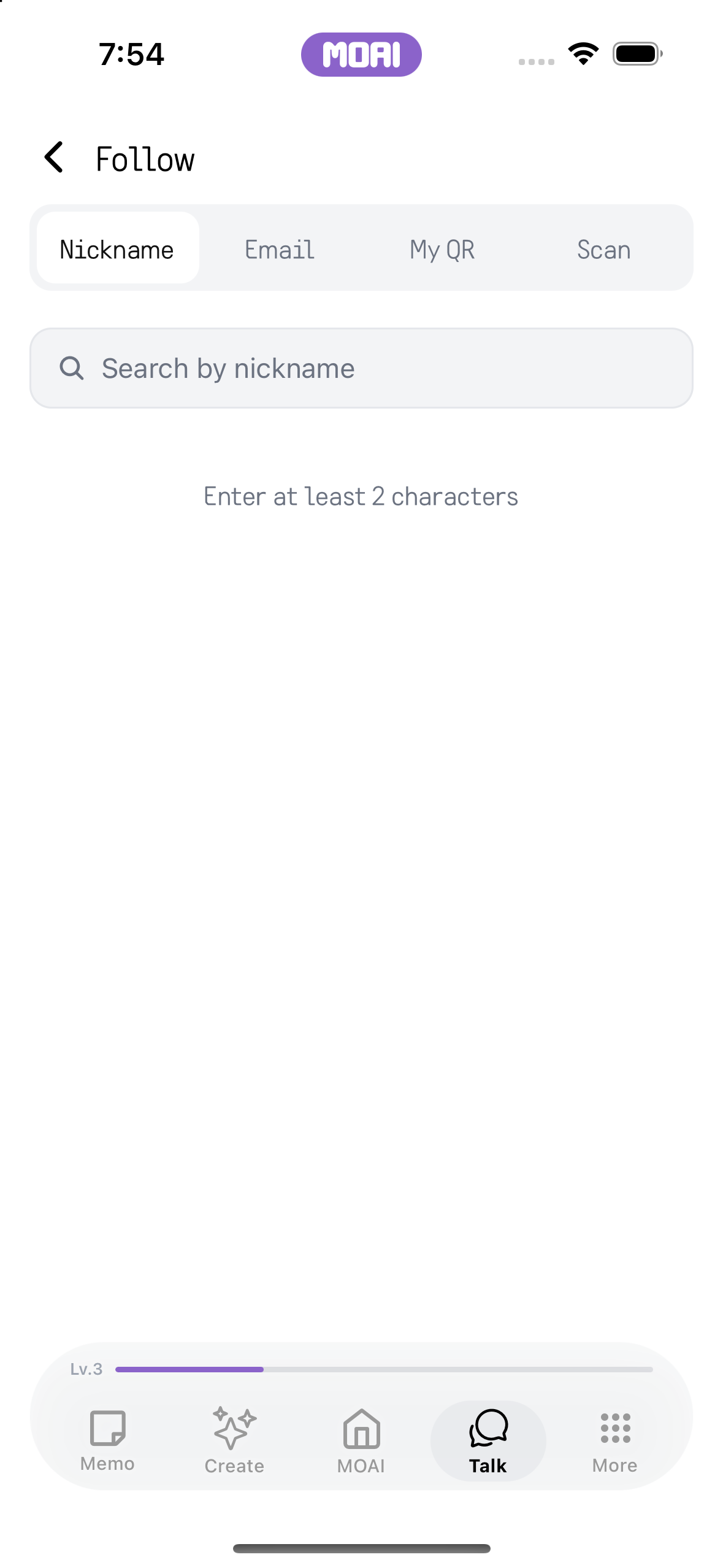 Nickname, Email, My QR, Scan 탭과 닉네임 검색창이 있는 Follow 화면. 샘플 콘텐츠입니다.