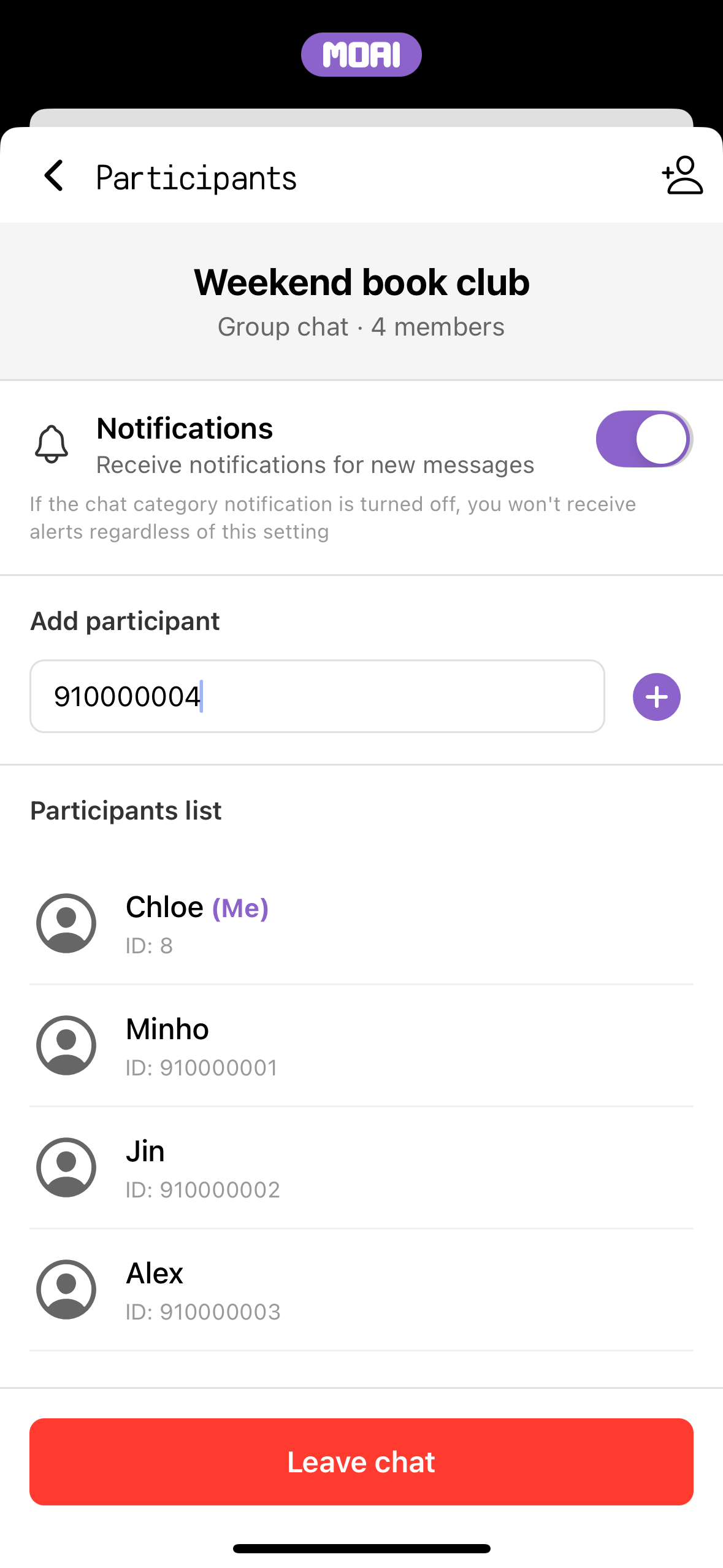 Pole Add participant skupinového chatu se zadaným ID uživatele a tlačítkem plus pro pozvání. Zobrazen ukázkový obsah.