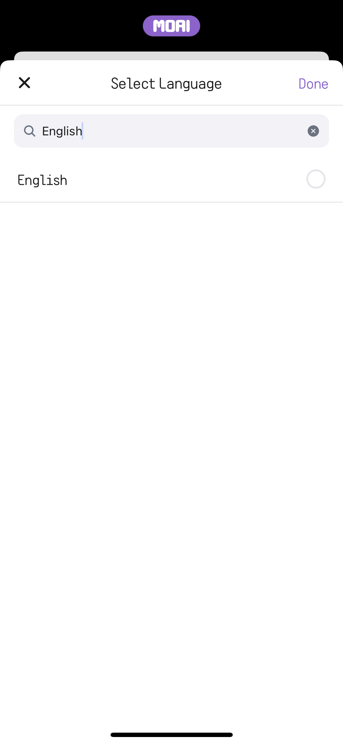 Random Chat 설정에서 언어를 검색하는 화면. 영어 검색 결과가 표시되어 있습니다.