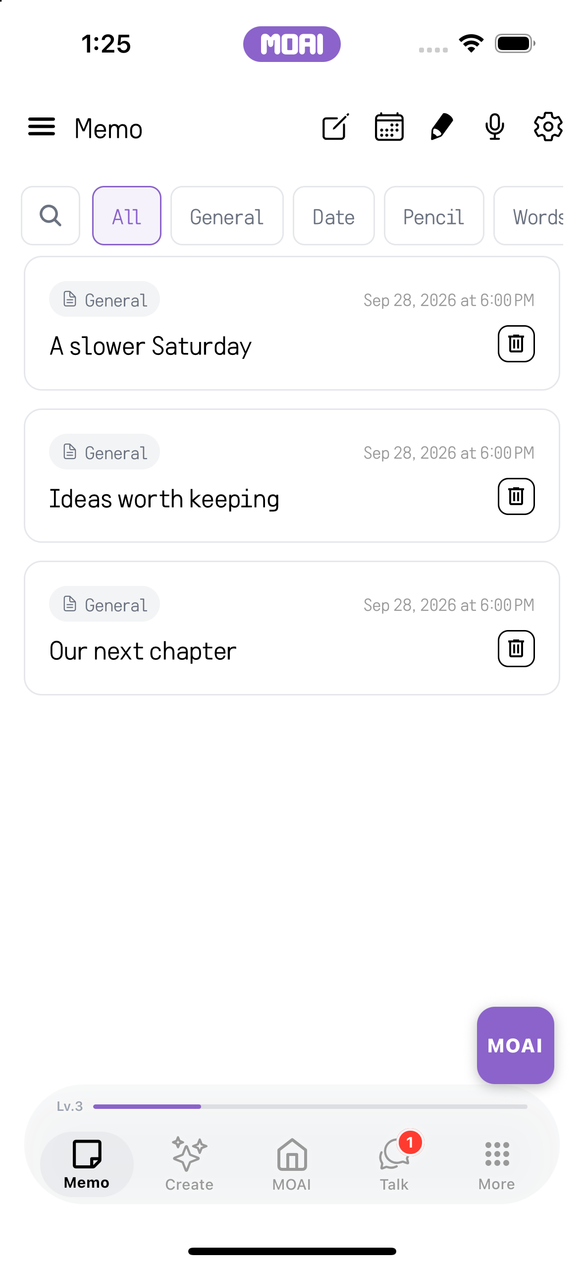 MOAI Memo screen on iPhone 16
