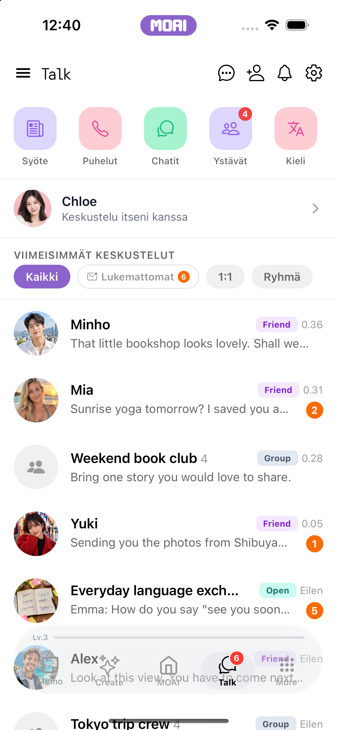 MOAI Talk screen on iPhone 16