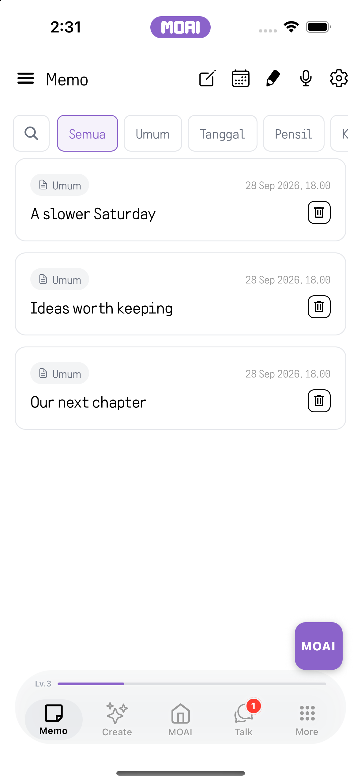 MOAI Memo screen on iPhone 16