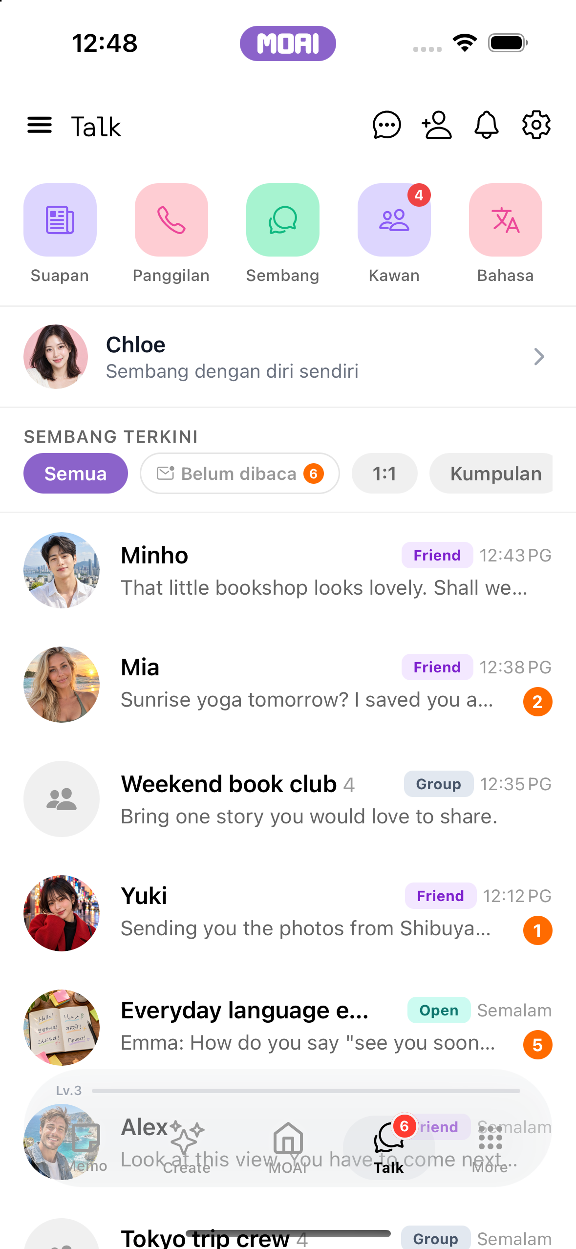 MOAI Talk screen on iPhone 16