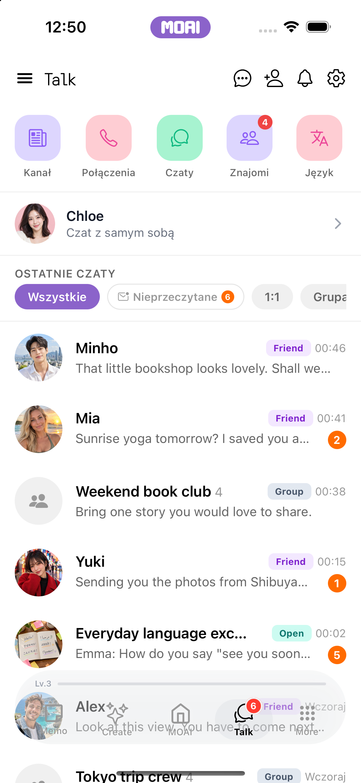 MOAI Talk screen on iPhone 16