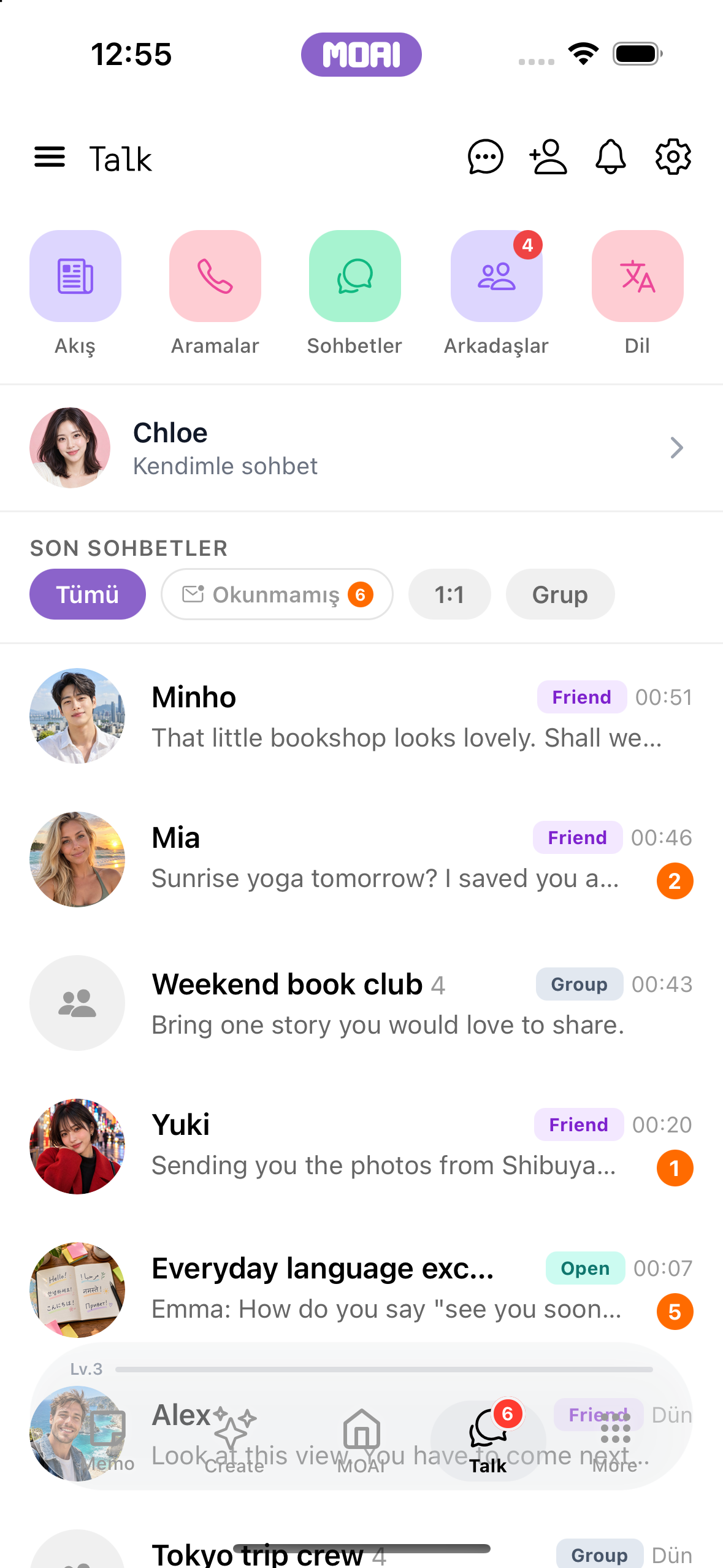 MOAI Talk screen on iPhone 16