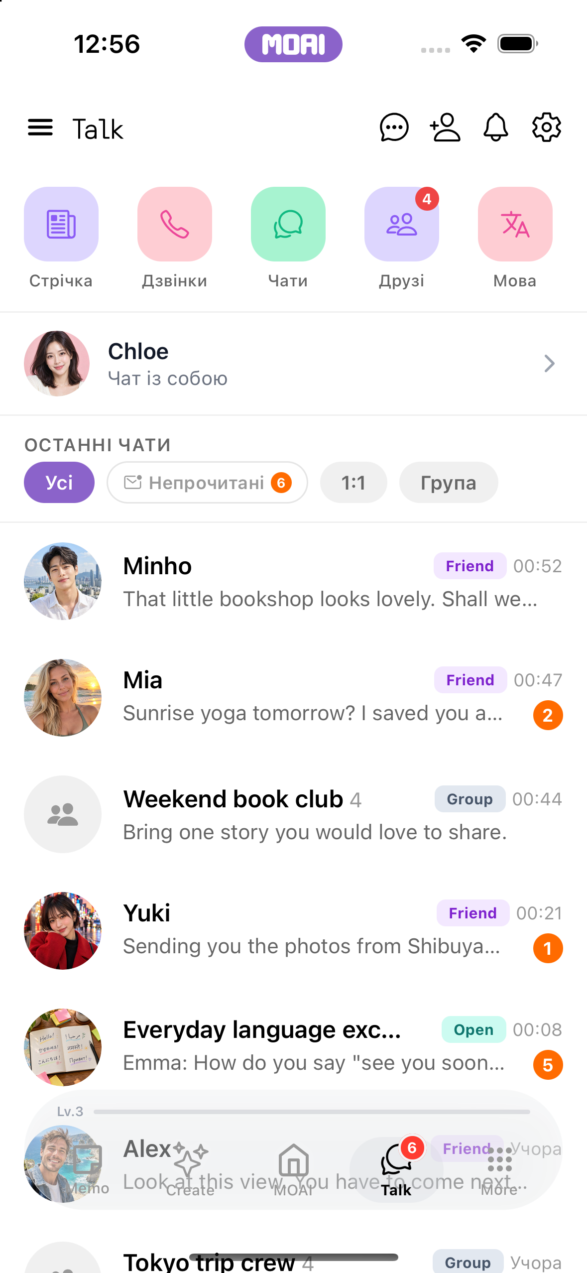 MOAI Talk screen on iPhone 16