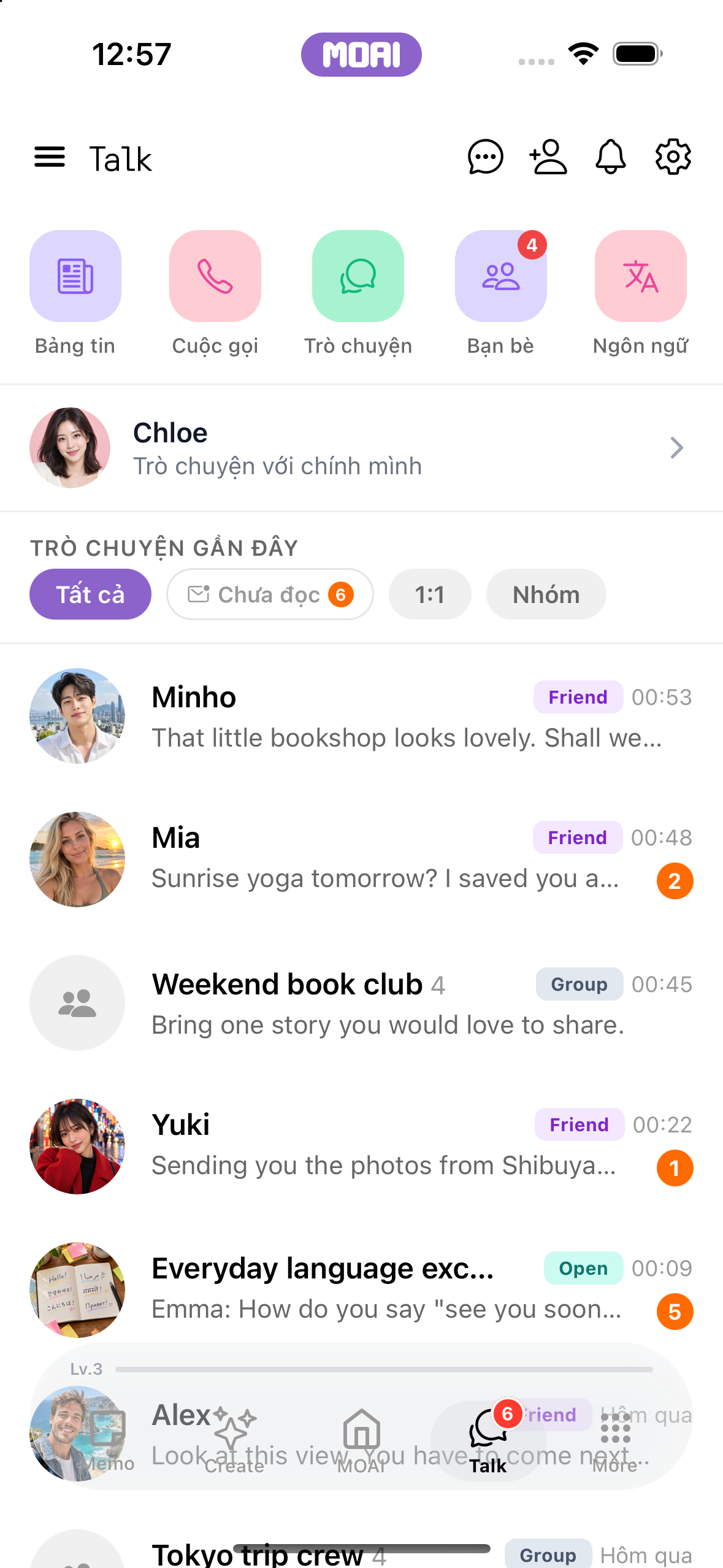 MOAI Talk screen on iPhone 16