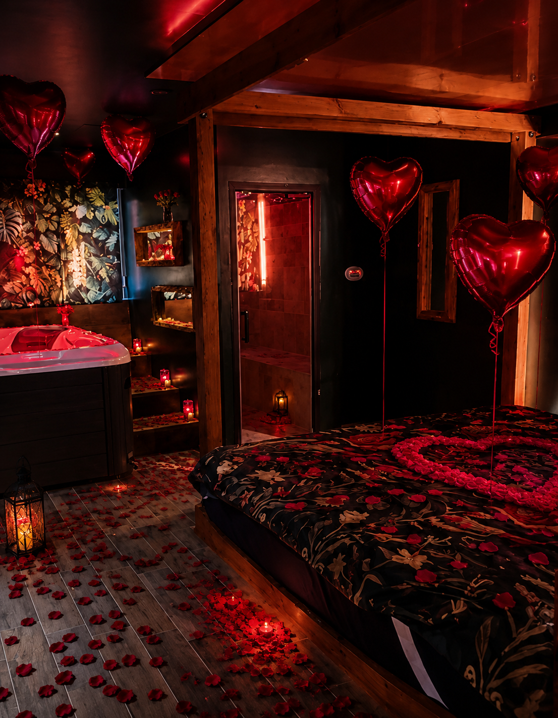 Love Room jungle décorée de pétales rouges et de bougies