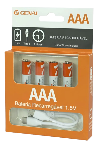 Kit 4 Pilhas AAA, Recarregáveis, Usb-C, 1.5v 750mwh