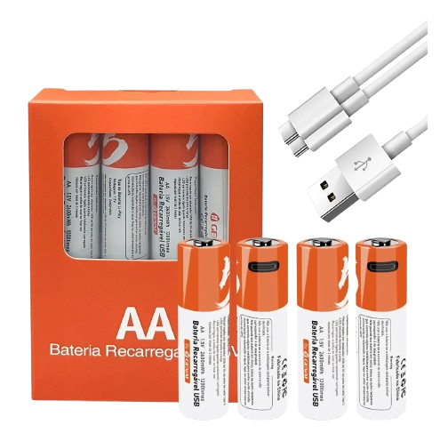Kit 4 Pilhas AA, Recarregáveis, Usb-C, 1.5v, 2600mwh