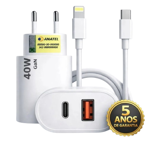 Carregador Turbo Duplo 40w, USB-A, USB-C